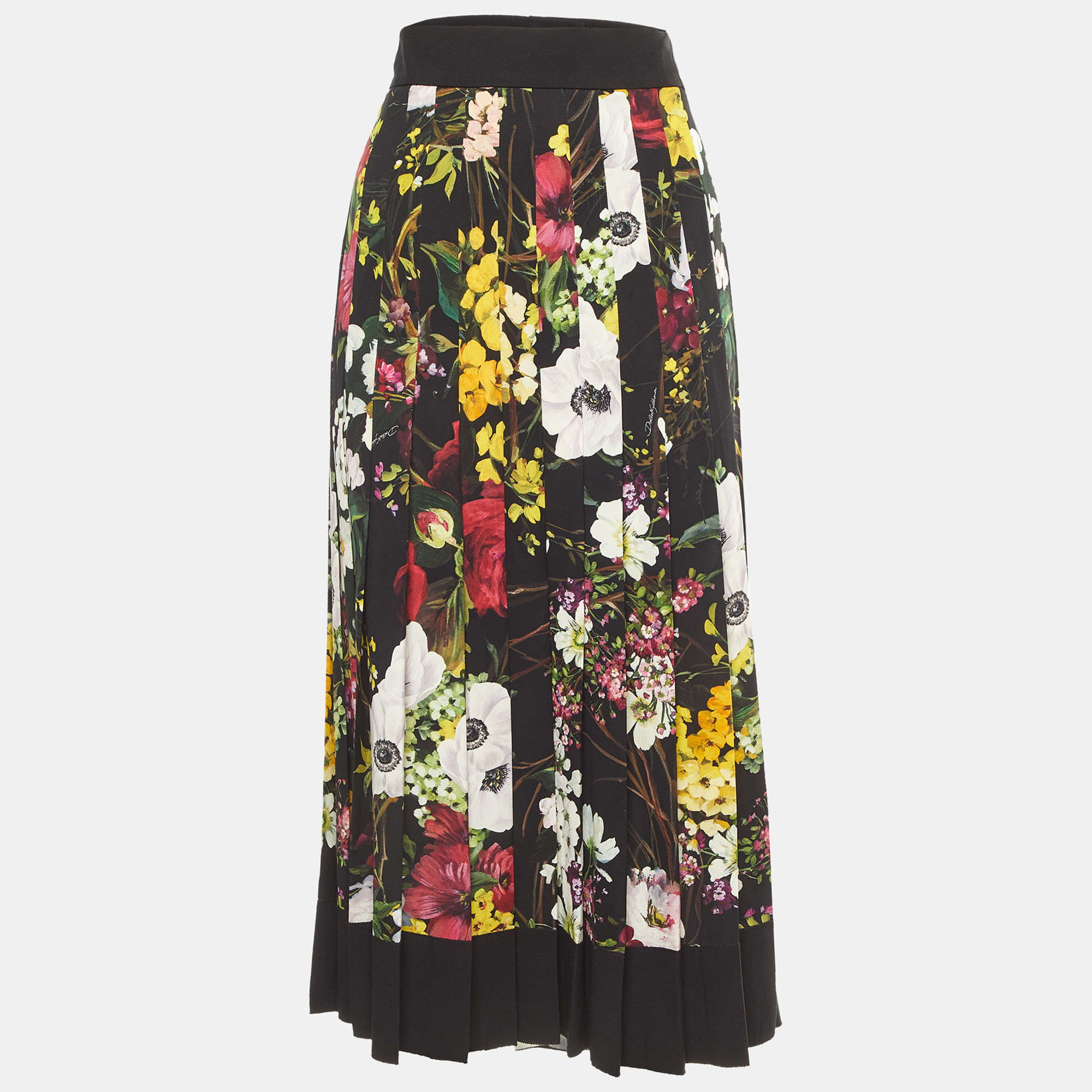 

Dolce & Gabbana Black Floral Printed Silk Georgette Pleated Midi Skirt L