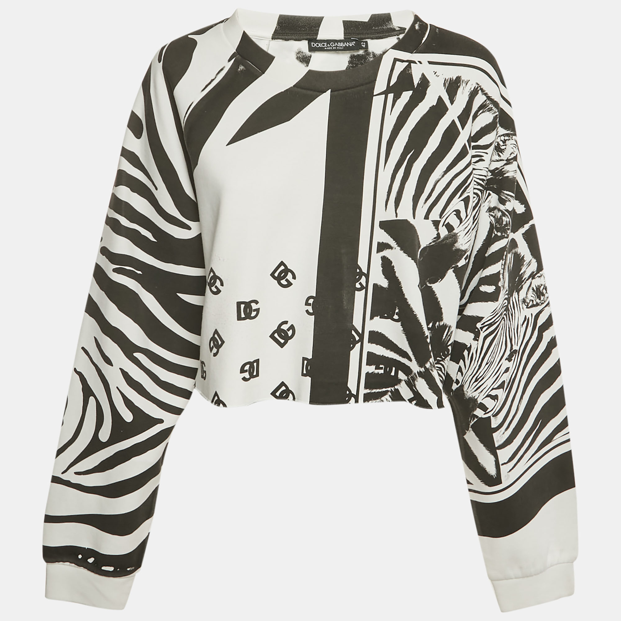 Pre-owned Dolce & Gabbana White/black Abstract Print Cotton Cropped Sweatshirt M