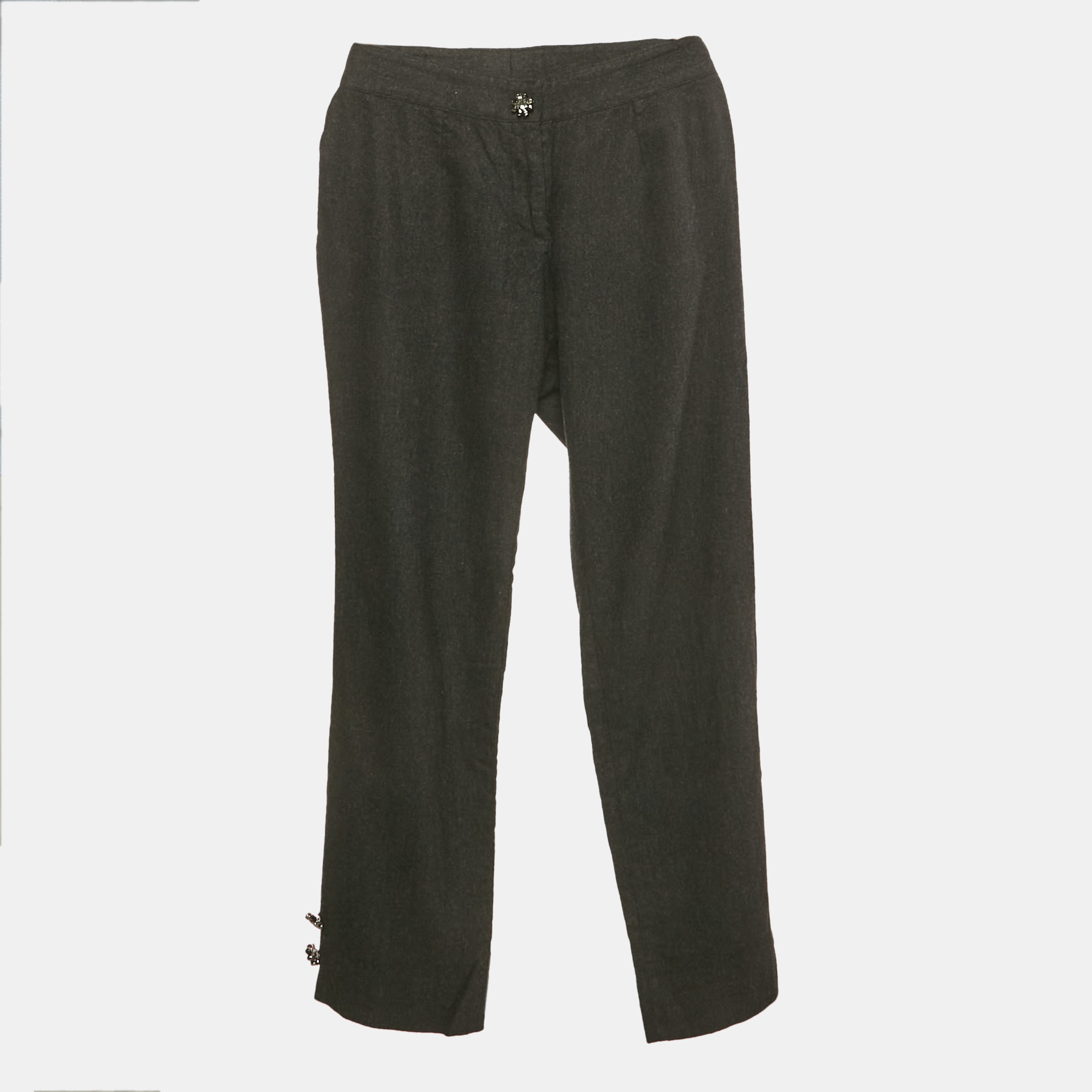 Pre-owned Dolce & Gabbana Dark Grey Wool Bejeweled Buttons Cropped Trousers S In Gray