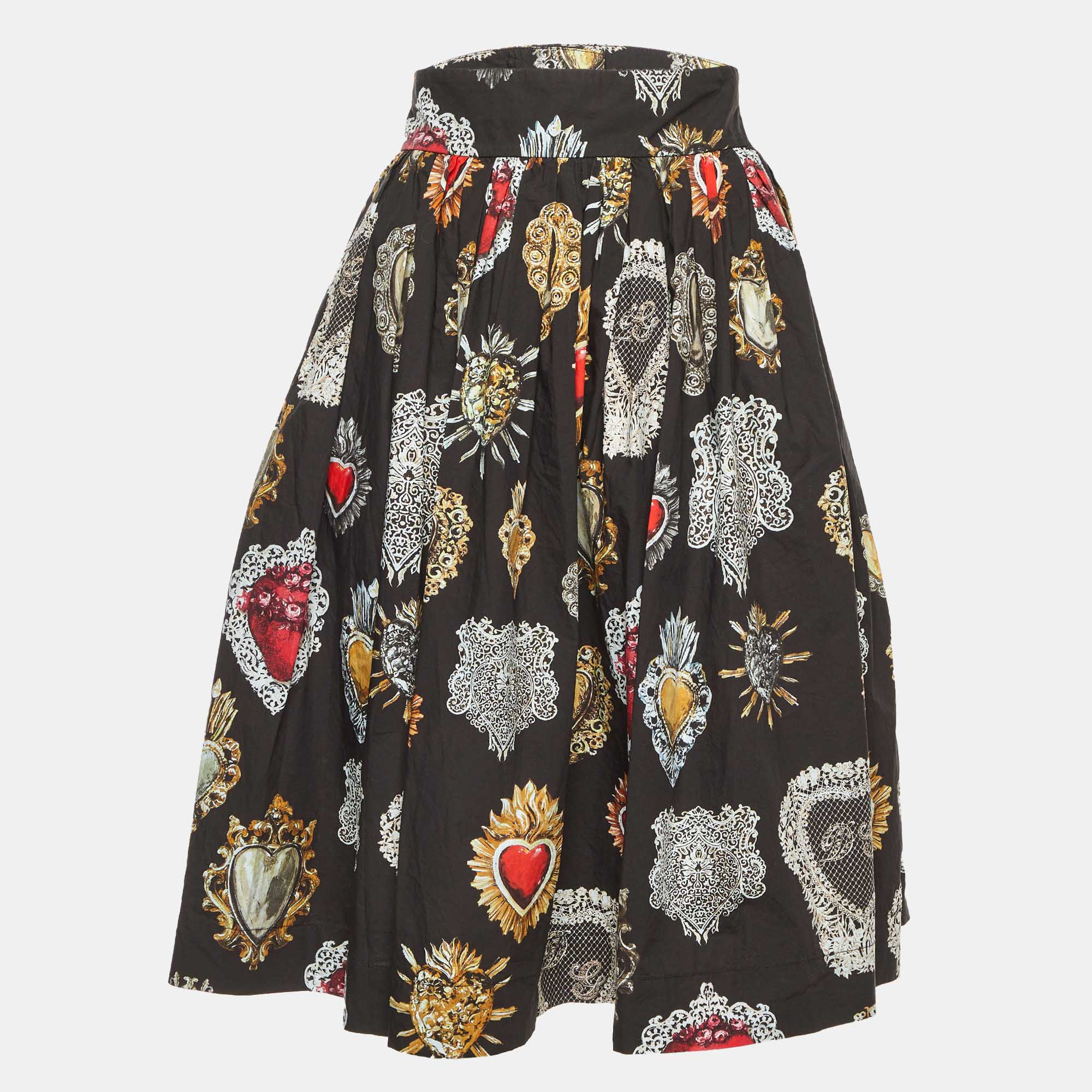 Pre-owned Dolce & Gabbana Black Sacred Heart Print Cotton Flared Skirt M