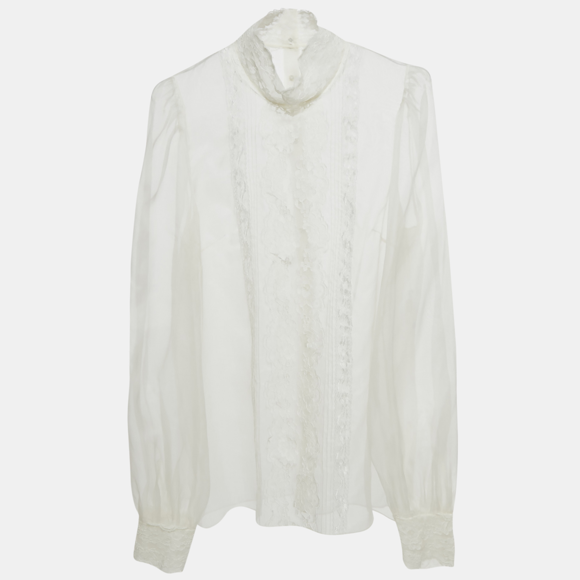 

Dolce & Gabbana White Sheer Silk Lace Trimmed Blouse M