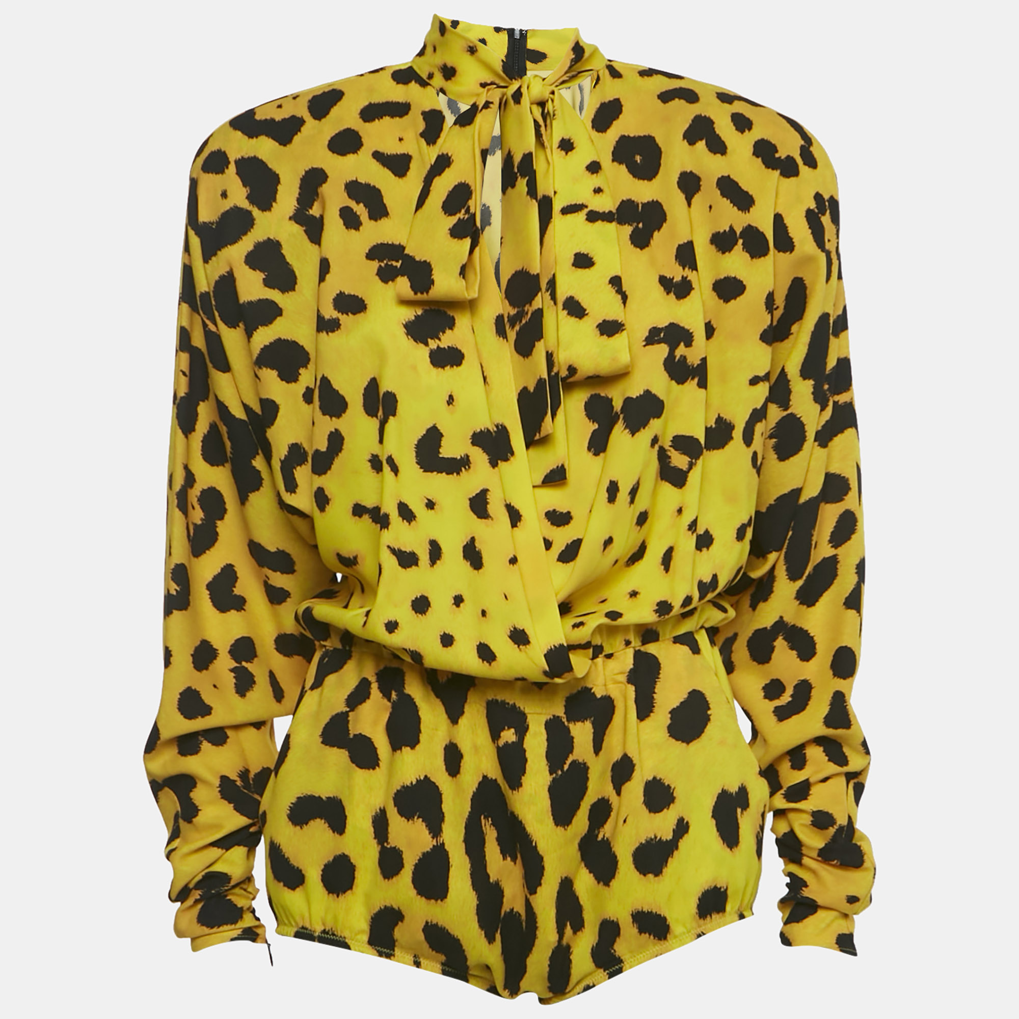 Pre-owned Dolce & Gabbana Yellow Leopard Print Silk Plunging Neck Playsuit S