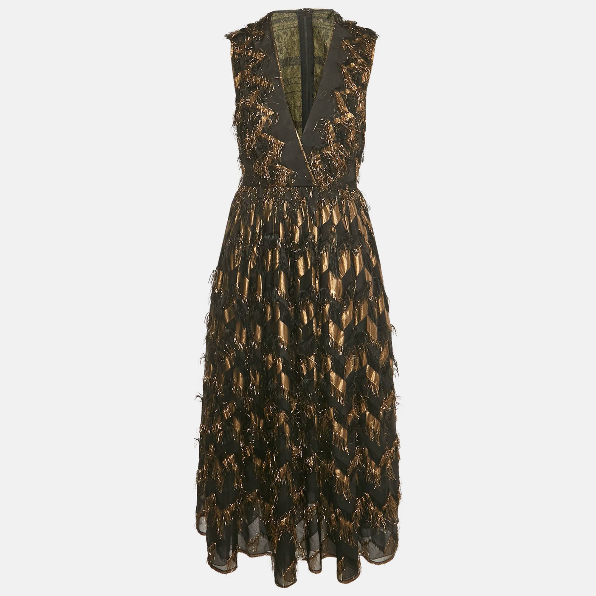 

Dolce & Gabbana Black Silk Blend and Lurex Fringe Detail Long Dress M