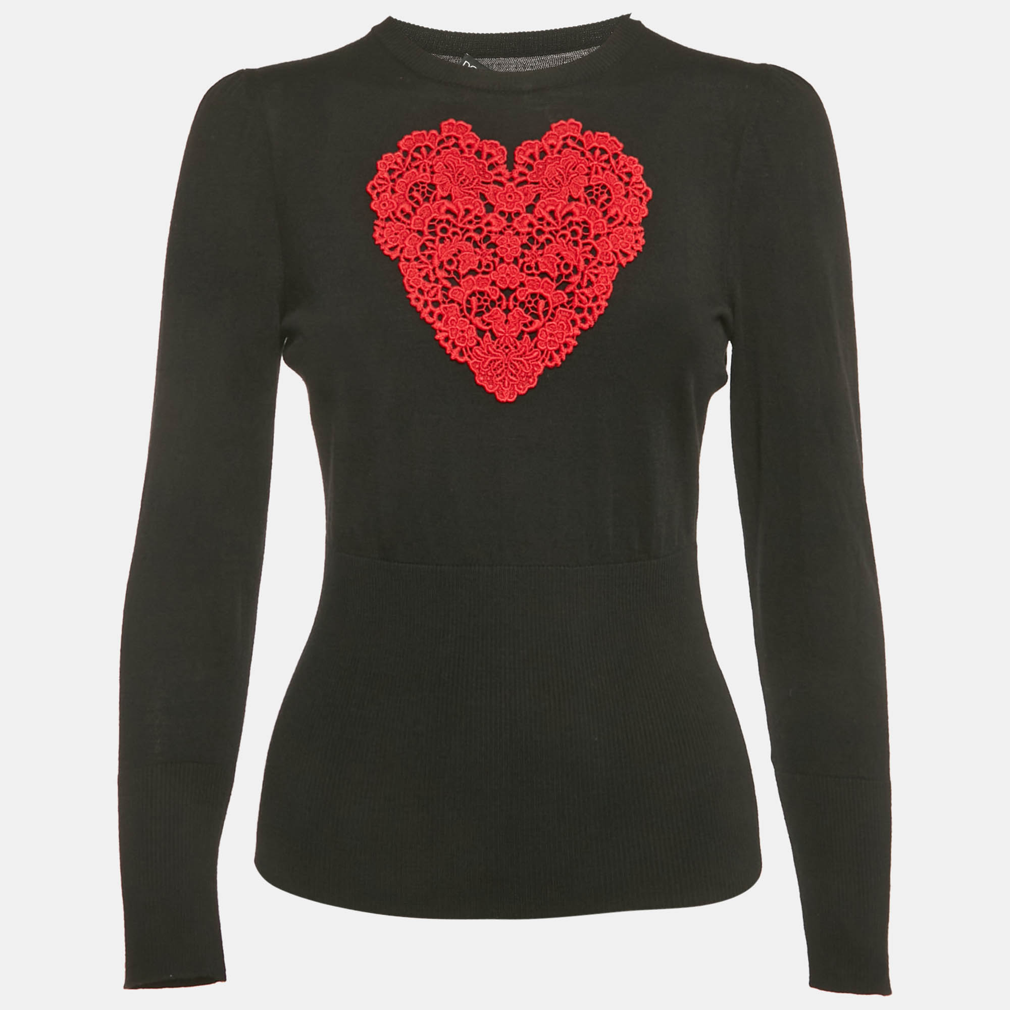

Dolce & Gabbana Black Heart Lace Applique Wool Knit Top M
