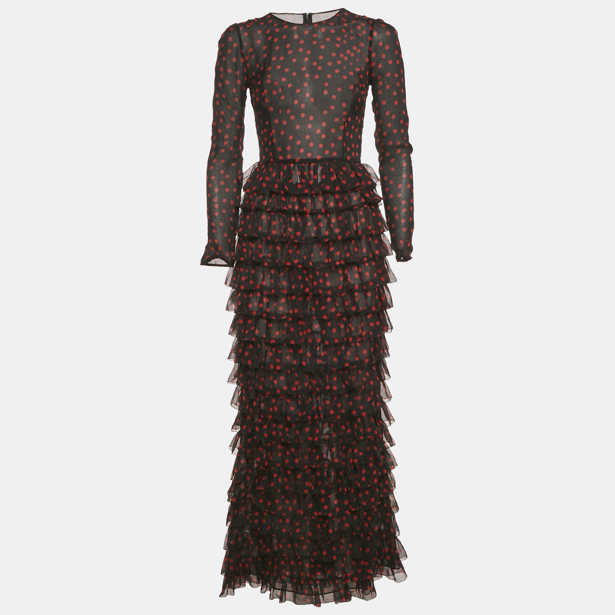 

Dolce & Gabbana Black Polka Dots Silk Tiered Maxi Dress S