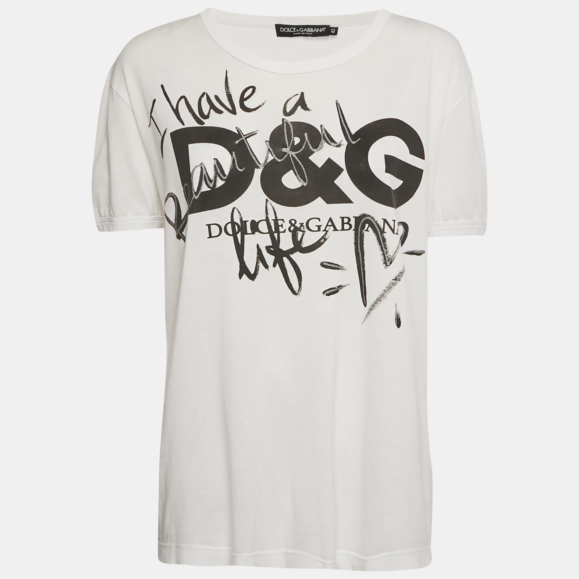 

Dolce & Gabbana White Beautiful Life Logo Print Cotton T-Shirt M