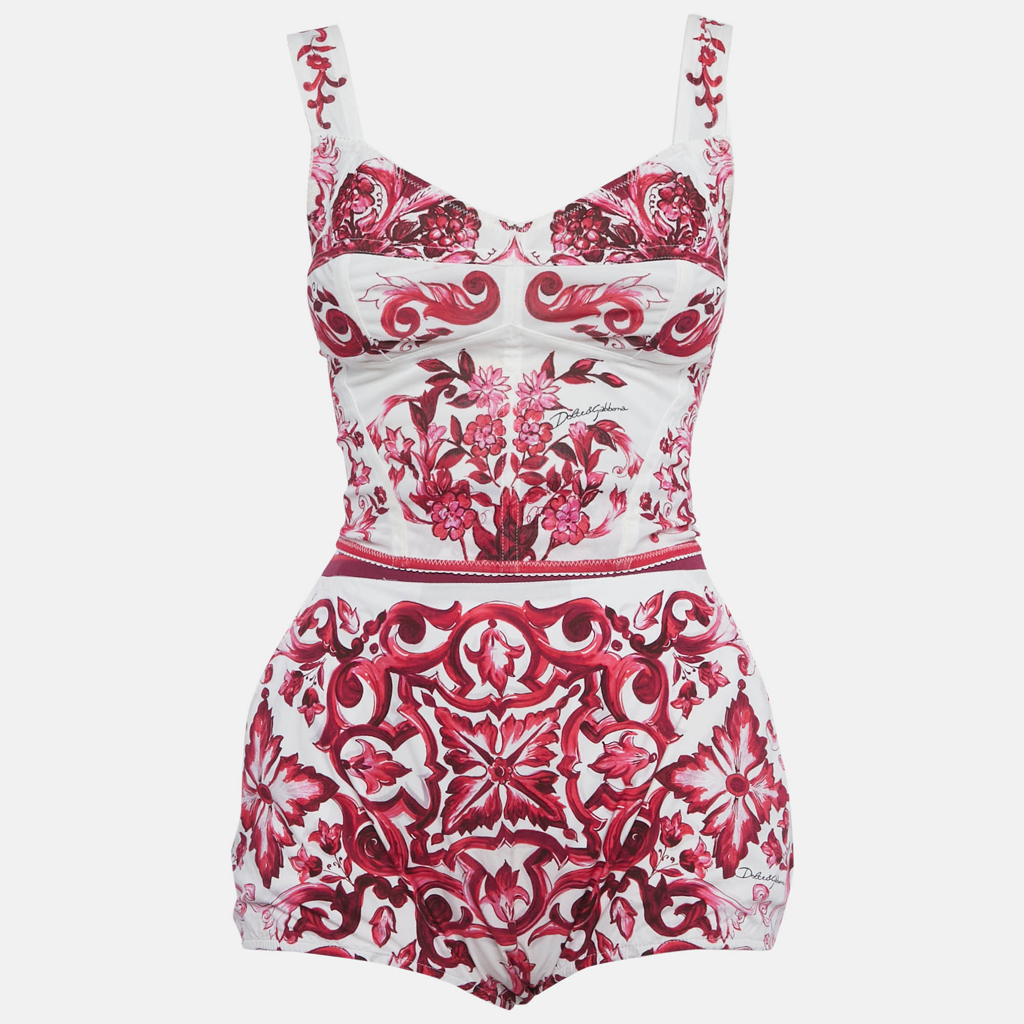 

Dolce & Gabbana White Majolica Print Mesh Corset Top & Cotton Shorts Set XS/S