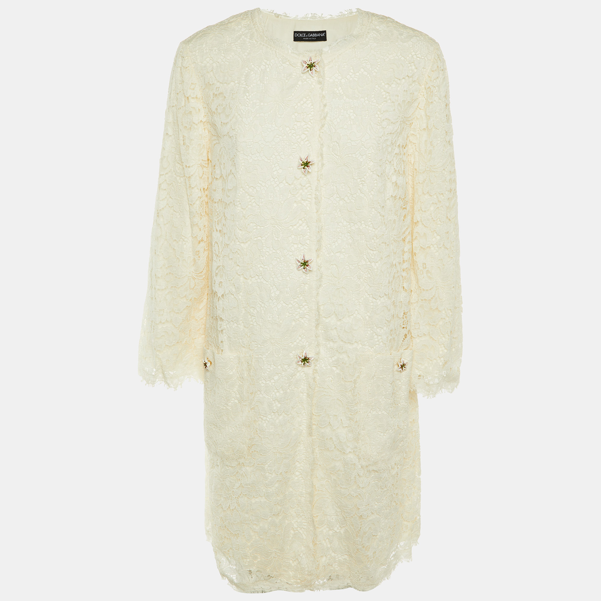 

Dolce & Gabbana Ivory Lace Lily Button Detail Coat XL, White