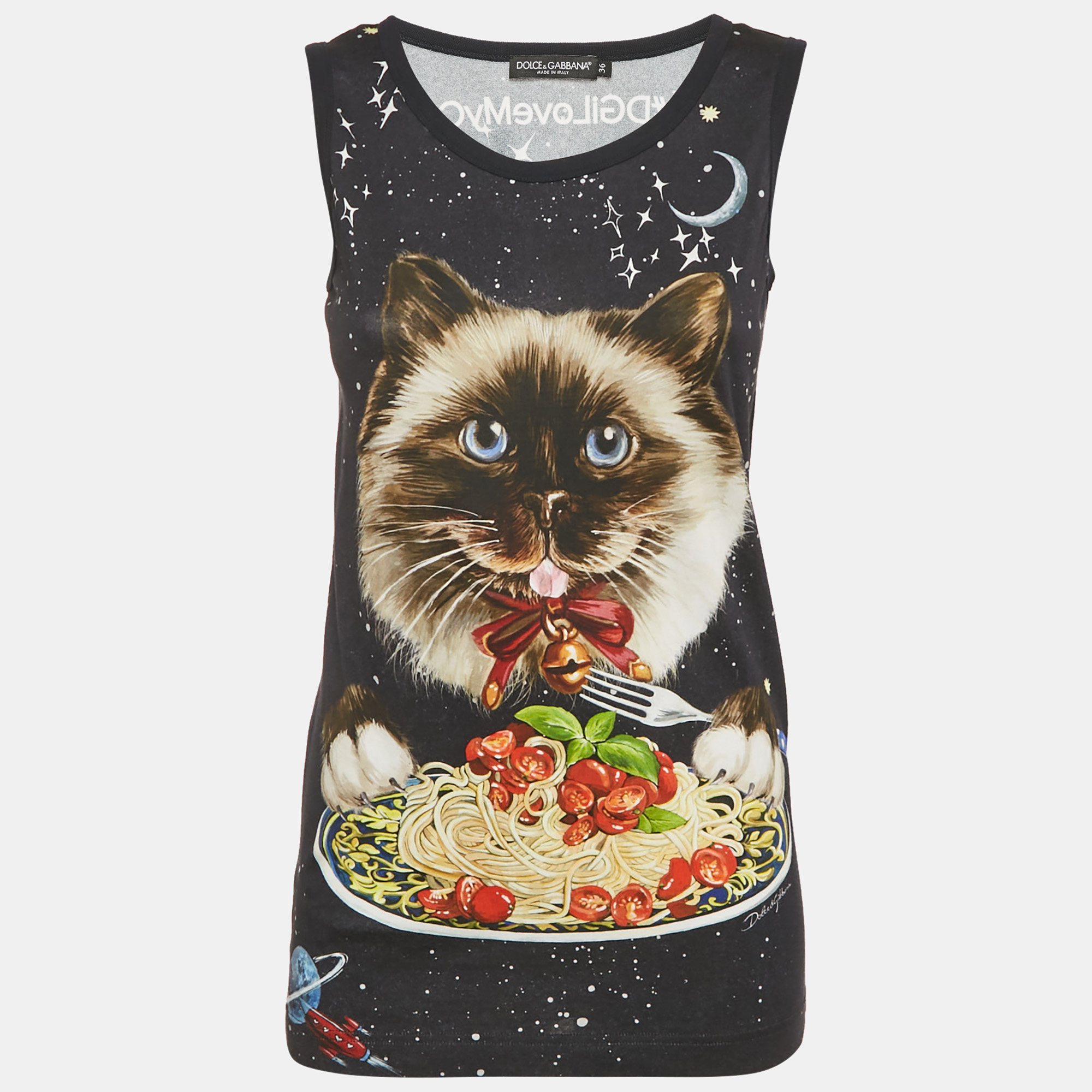 Pre-owned Dolce & Gabbana Navy Blue Spaghetti Cat Print Jersey Tank Top Xs