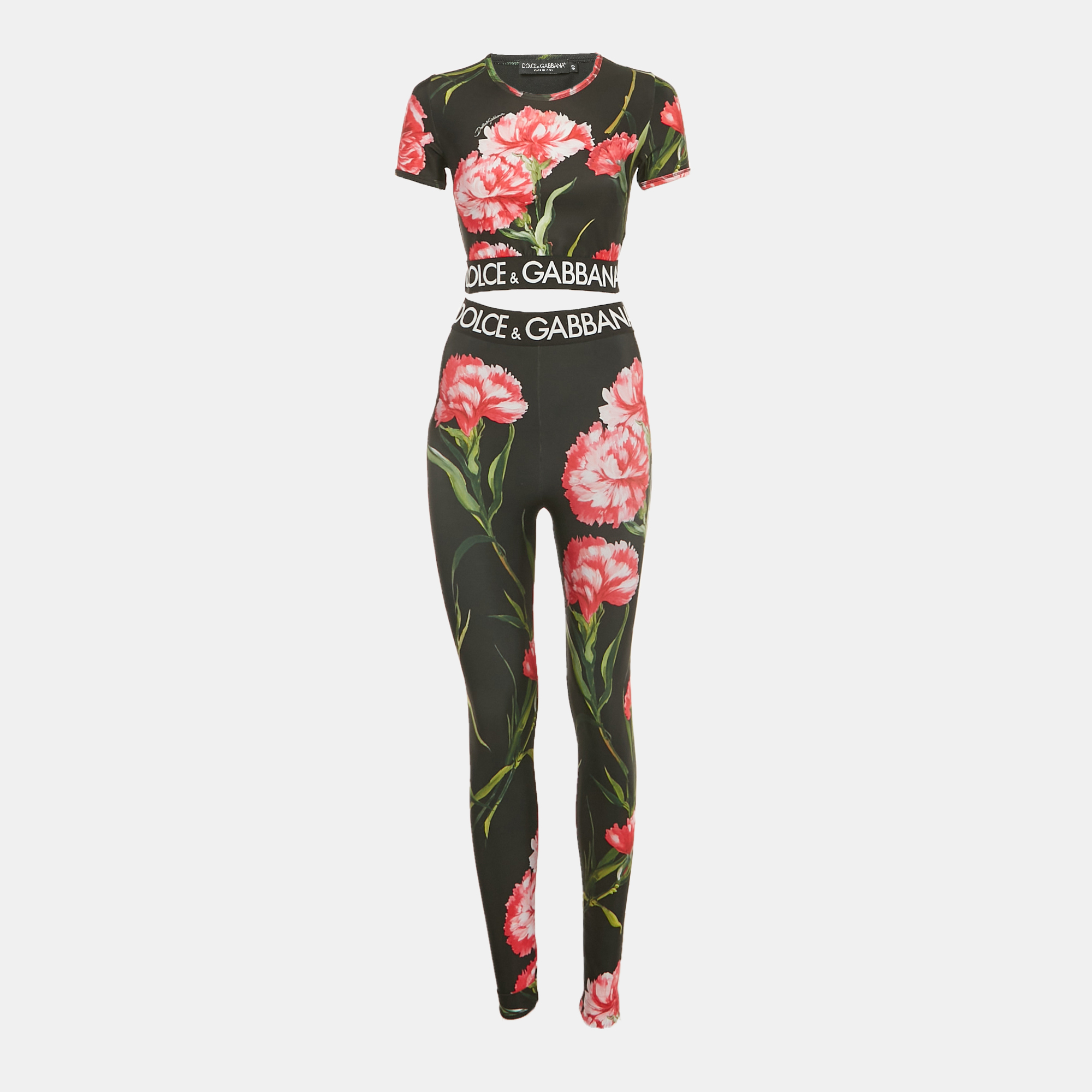 

Dolce & Gabbana Black Floral Print Nylon Cropped Top & Leggings Set S