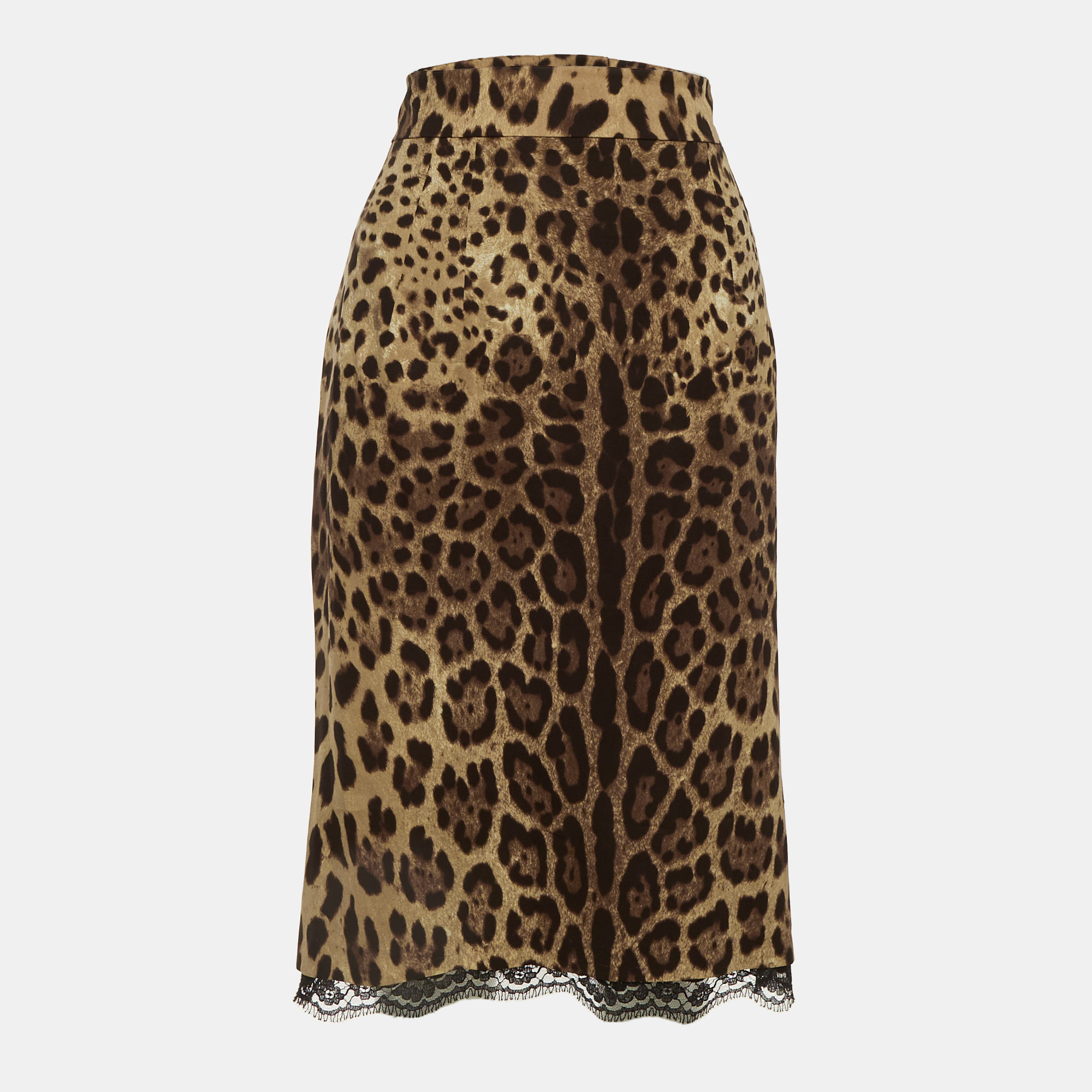 

Dolce & Gabbana Brown Leopard Print Silk Lace Detail Midi Skirt L