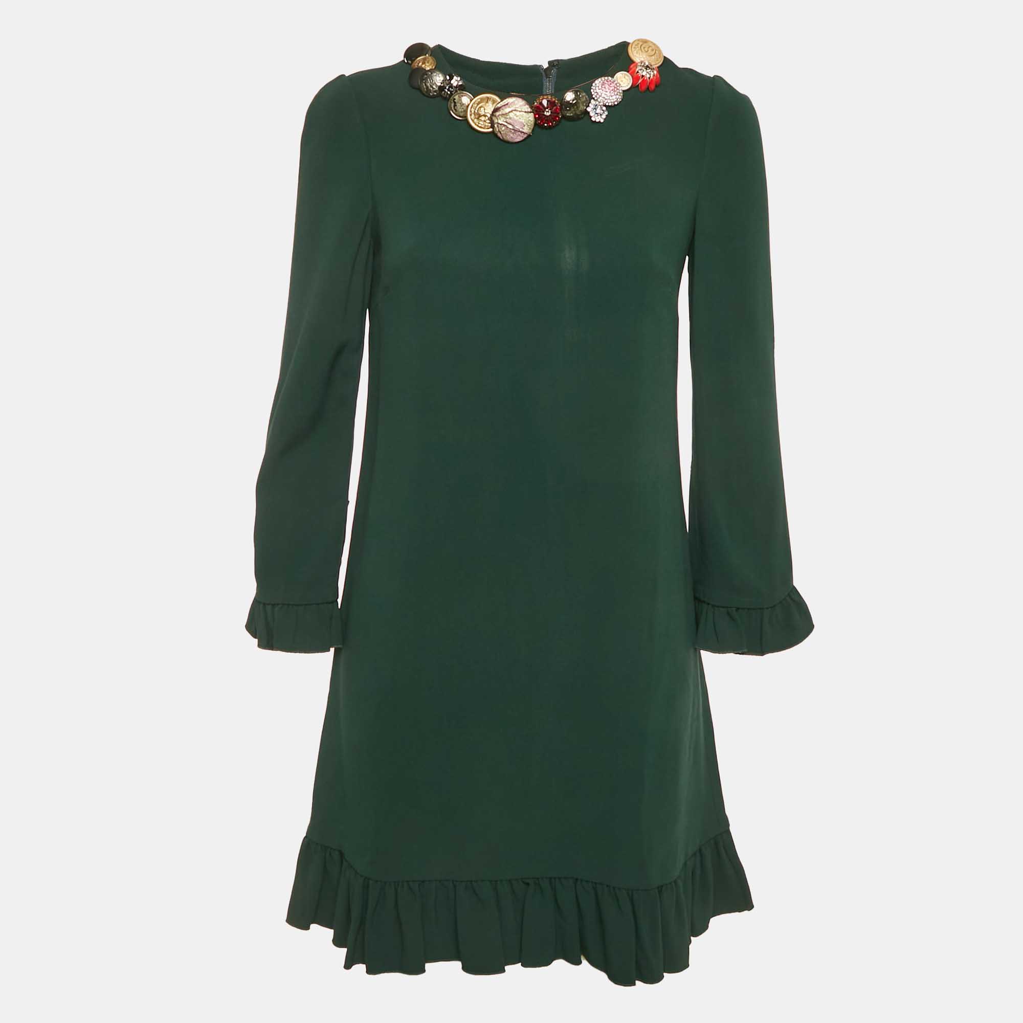Dolce & Gabbana Green Crepe Bejeweled Buttons Flounce Dress S