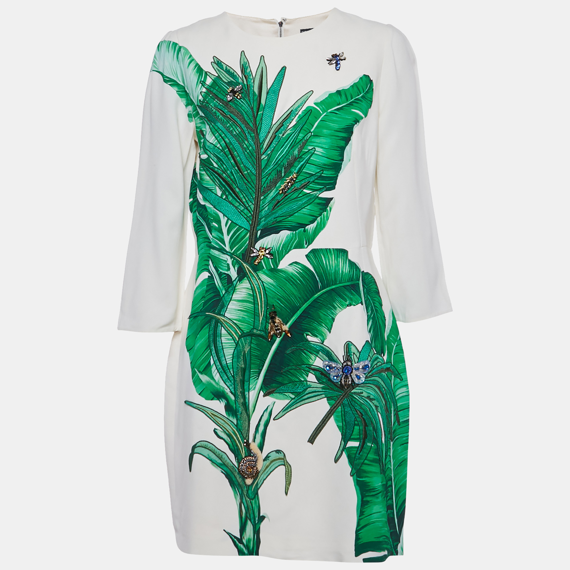 Pre-owned Dolce & Gabbana Cream Banana Leaf Embroidered Crepe Jewel Dress L In White