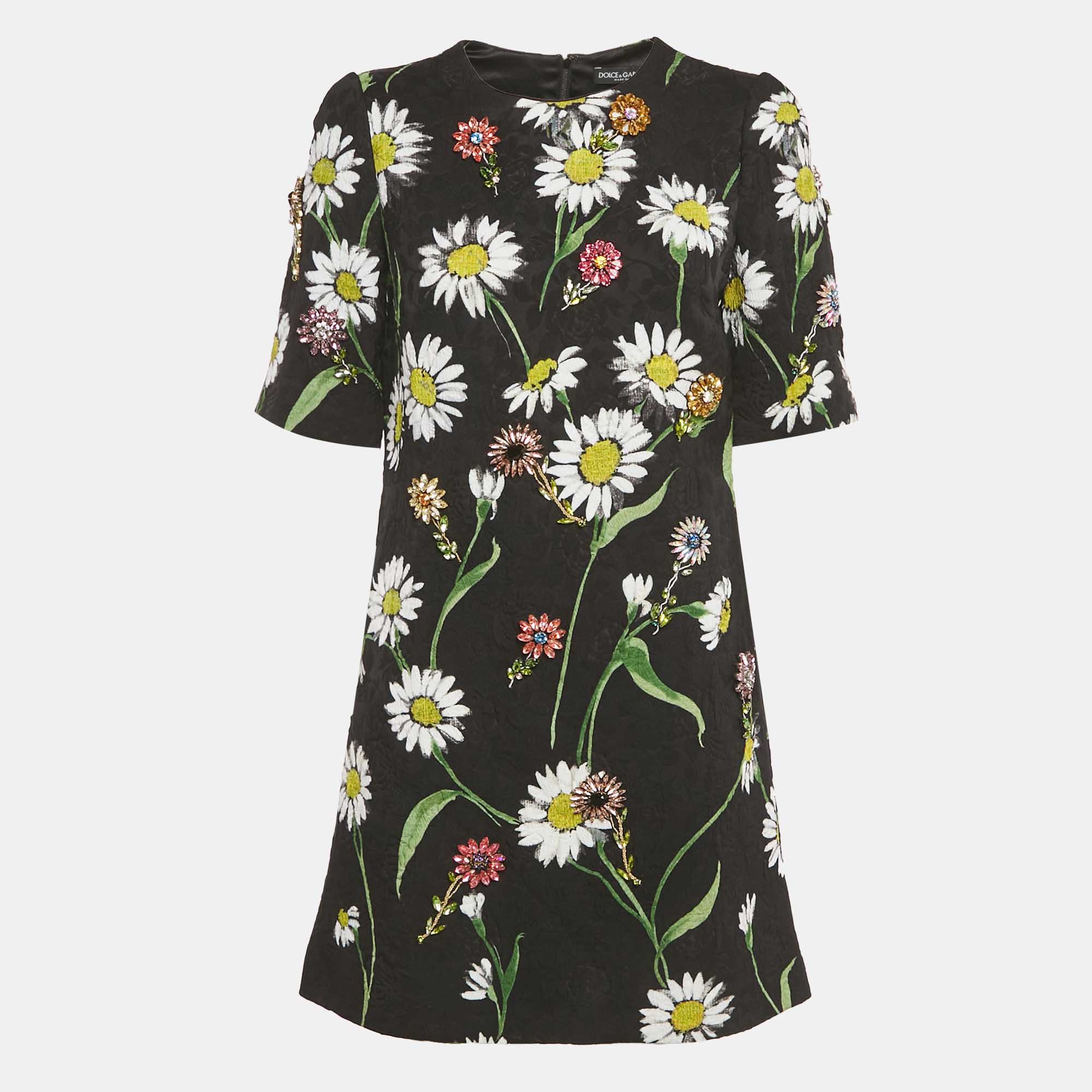 Dolce & Gabbana Black Floral Jacquard Crystal Detail Mini Dress M