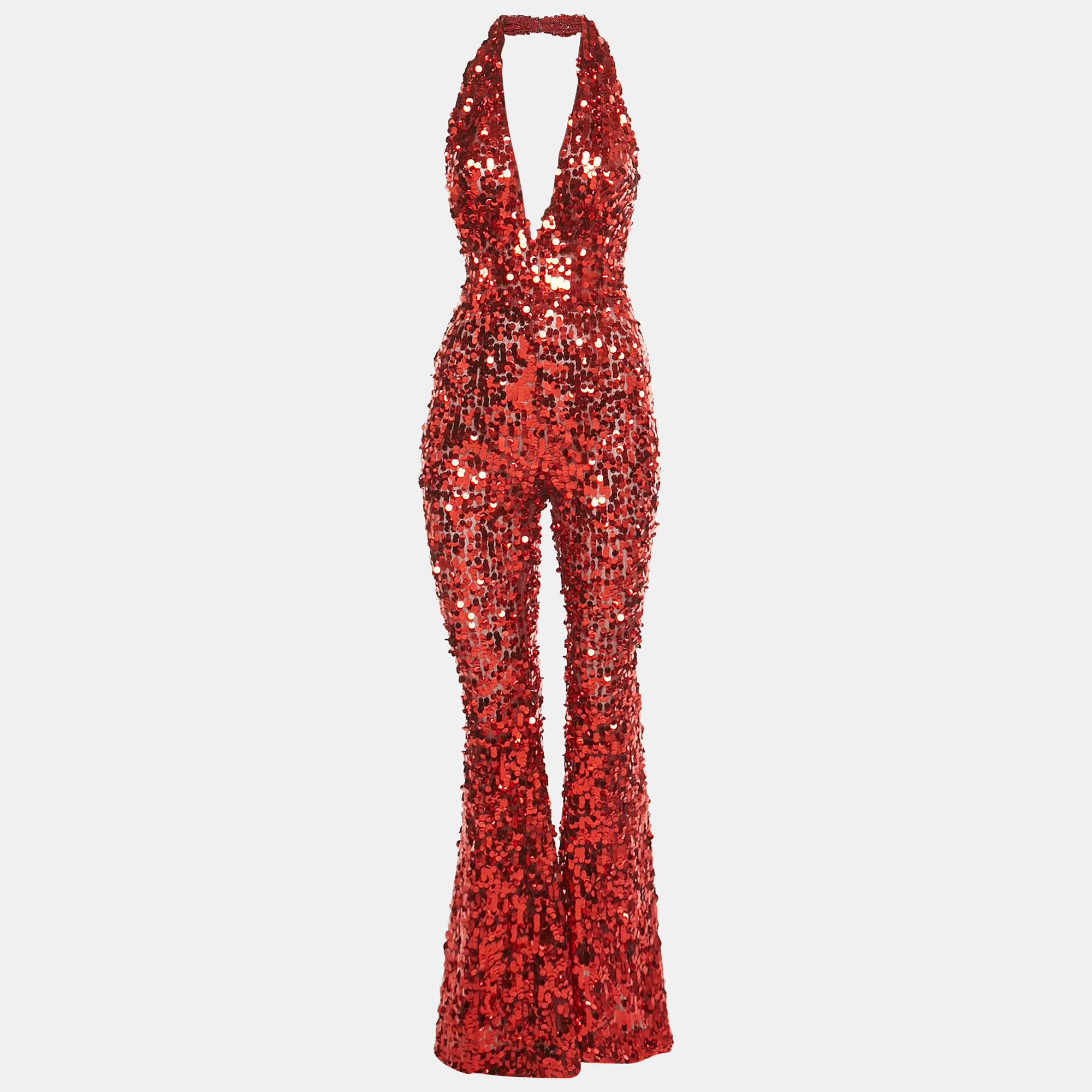 Pre-owned Dolce & Gabbana Red Sequin Tulle Halter Neck Jumpsuit S