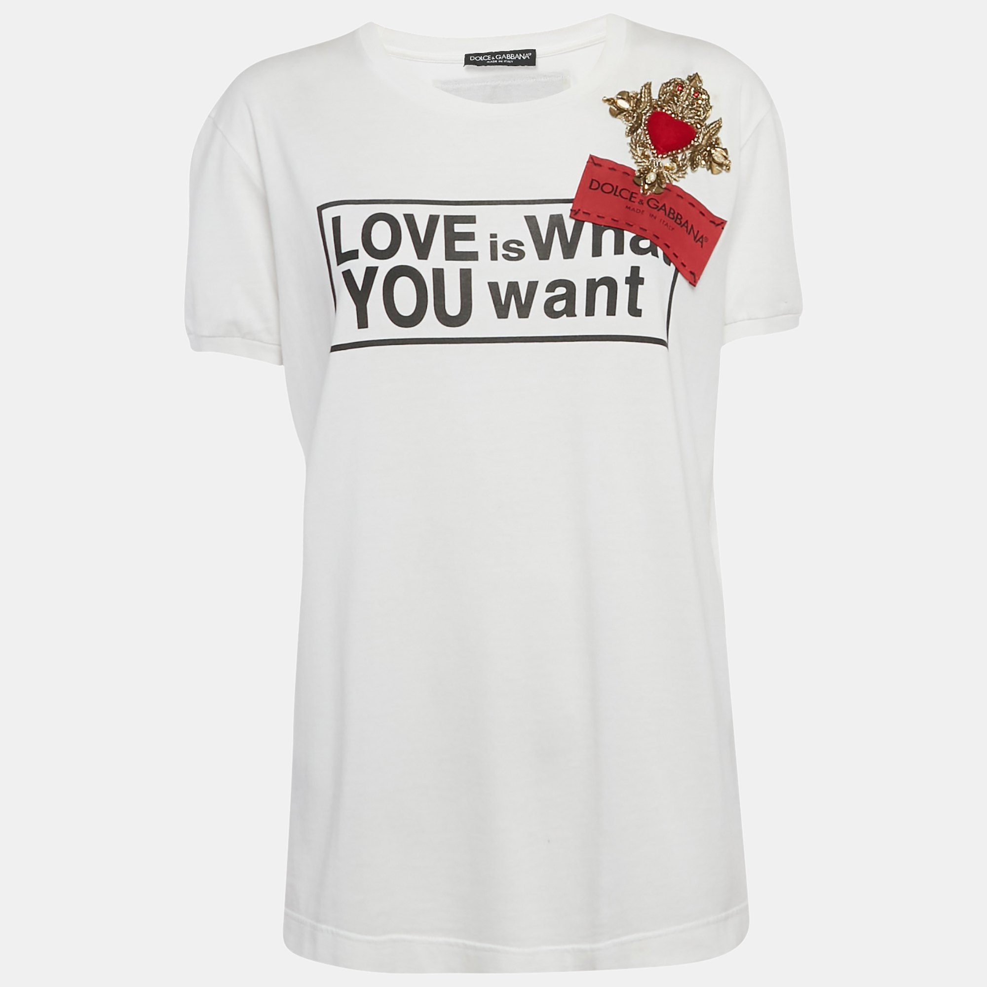 

Dolce & Gabbana White Slogan Print Embroidered Cotton T-Shirt S