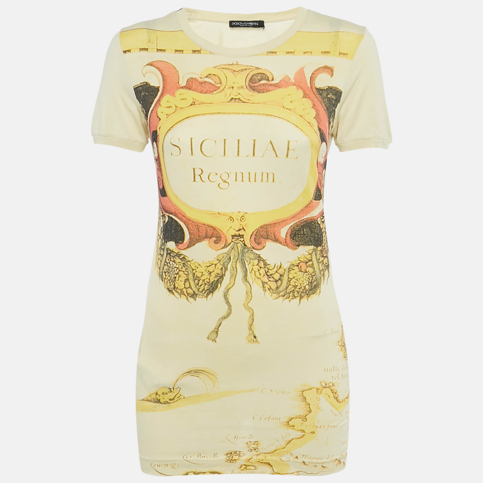 

Dolce & Gabbana Yellow Printed Cotton Crew Neck T-Shirt S