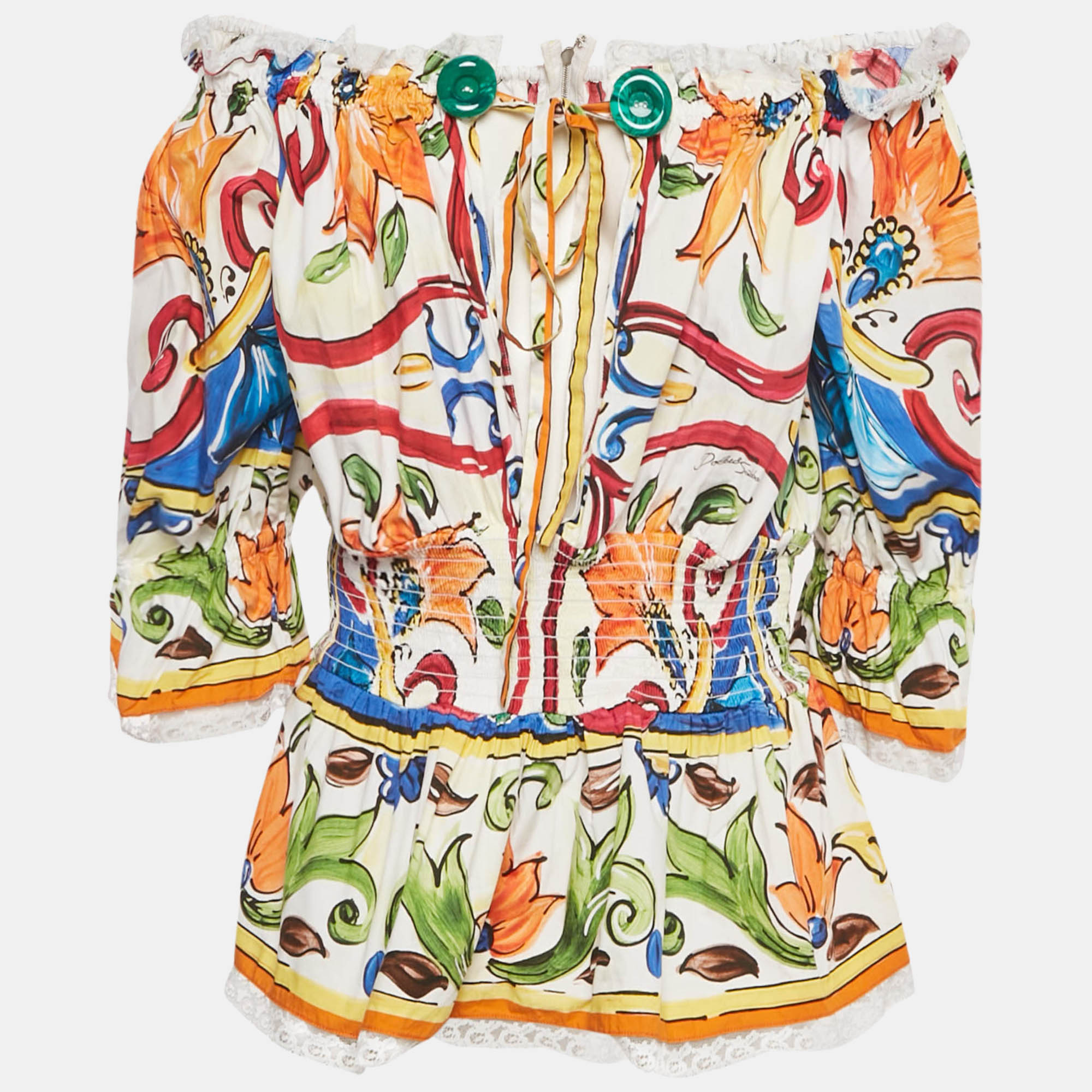 

Dolce & Gabbana Multicolor Majolica Print Cotton Smocked Off -Shoulder Top L
