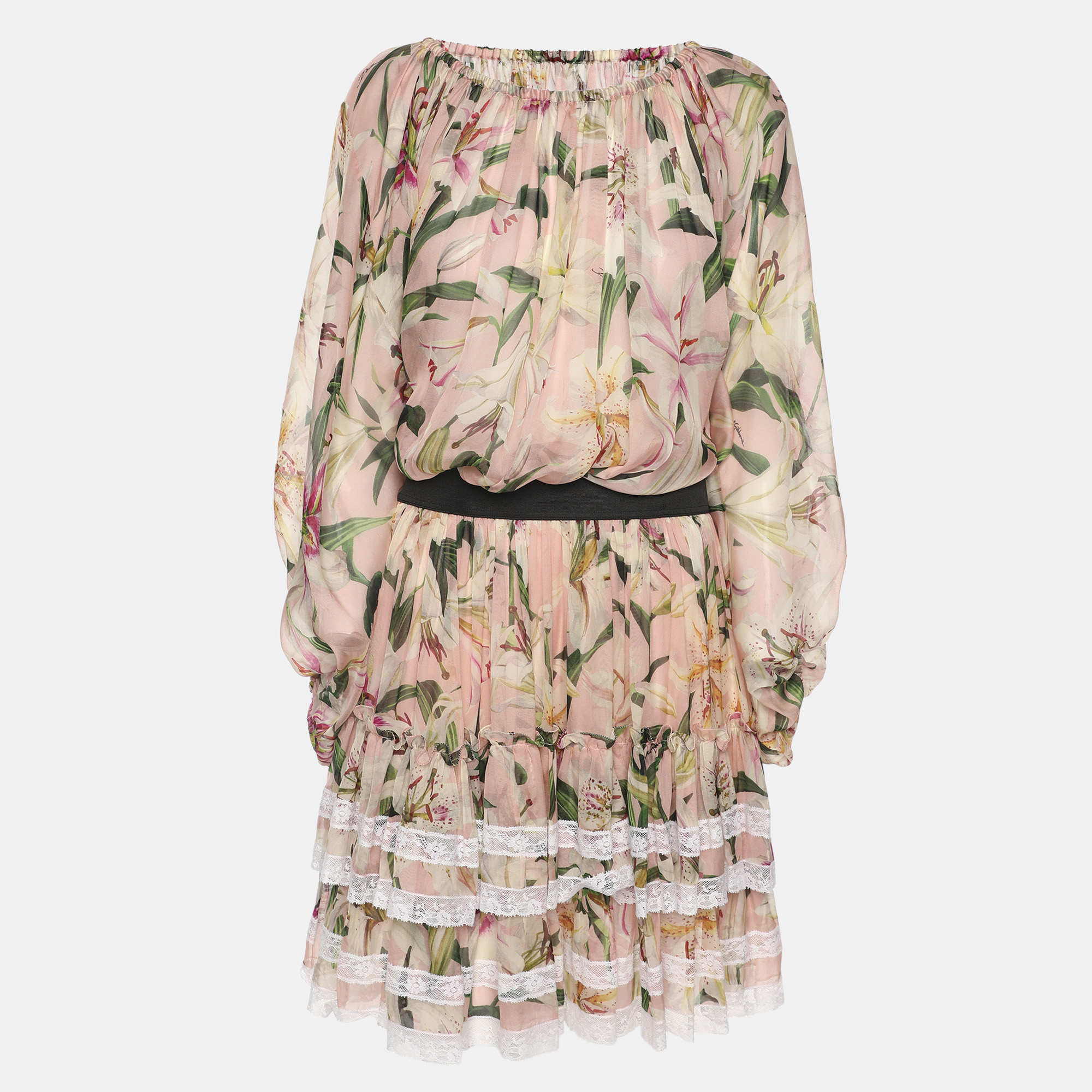 

Dolce & Gabbana Multicolor Lily Printed Silk Ruffled Off-The-Shoulder Top and Skirt Set S