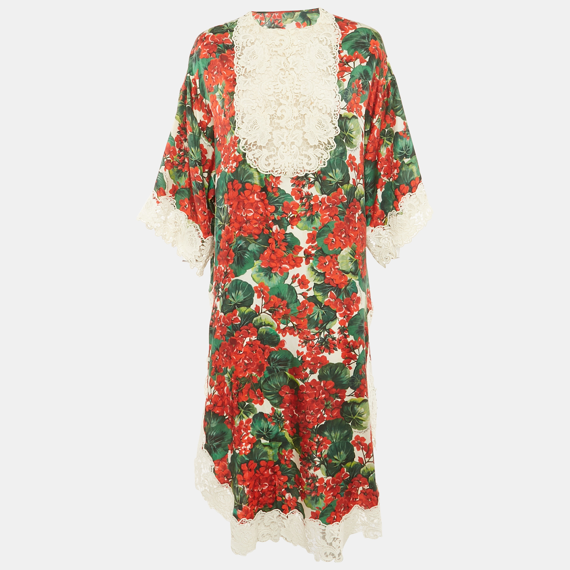 Dolce & Gabbana Red/Multicolor Geranium Print Silk Blend Lace Trimmed Midi Dress XS