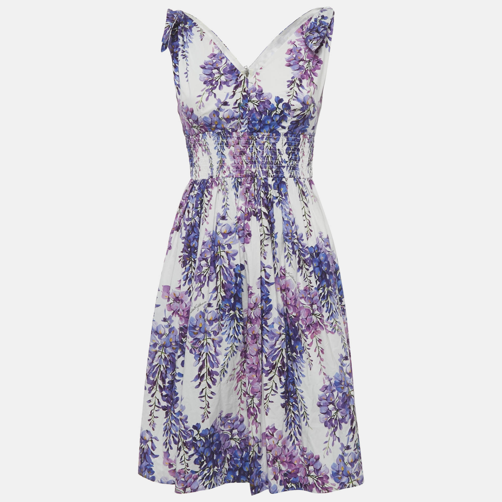 

Dolce & Gabbana White Floral Print Cotton Tie UP Wisteria Mini Dress S