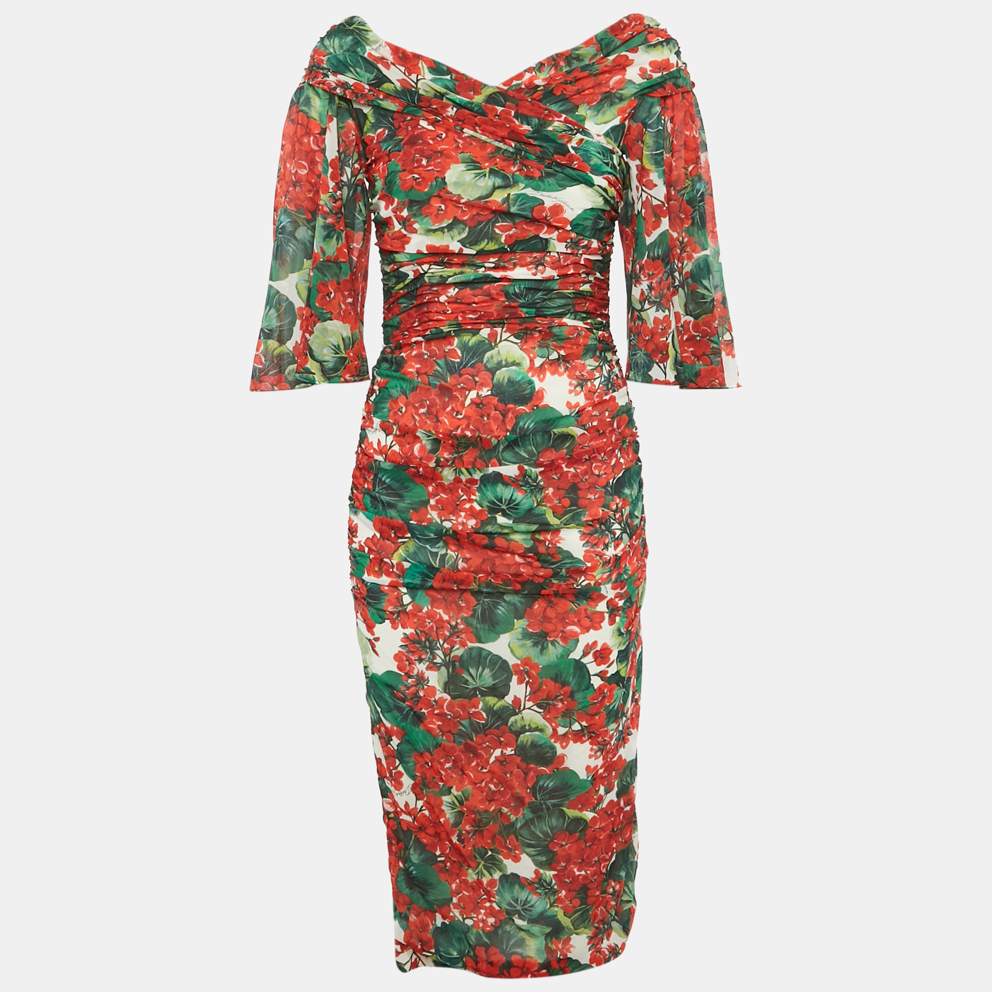Pre-owned Dolce & Gabbana Red Geranium Print Silk Chiffon Ruched Dress S In Multi