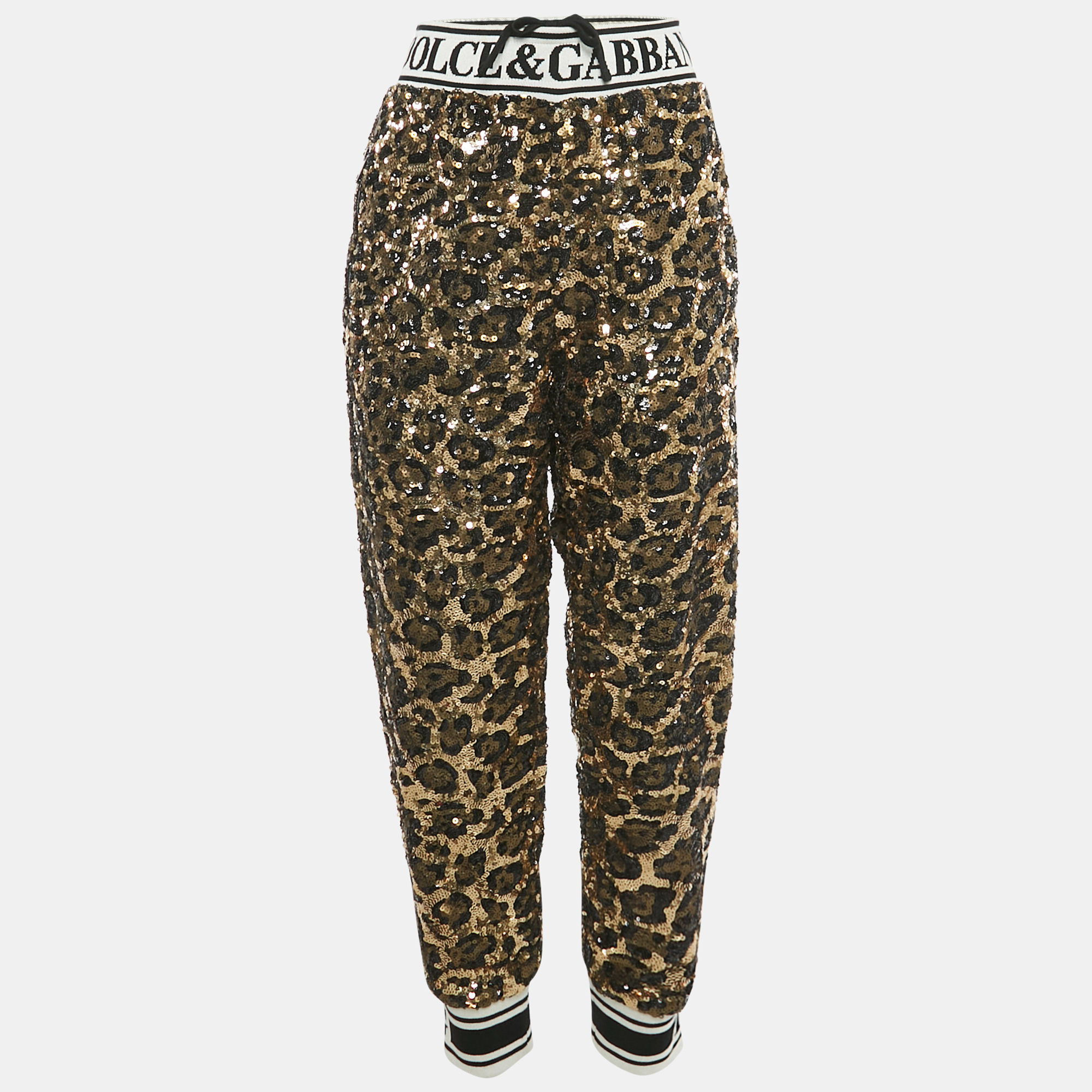 Pre-owned Dolce & Gabbana Metallic Leopard Pattern Sequin Trackpants M In Silver