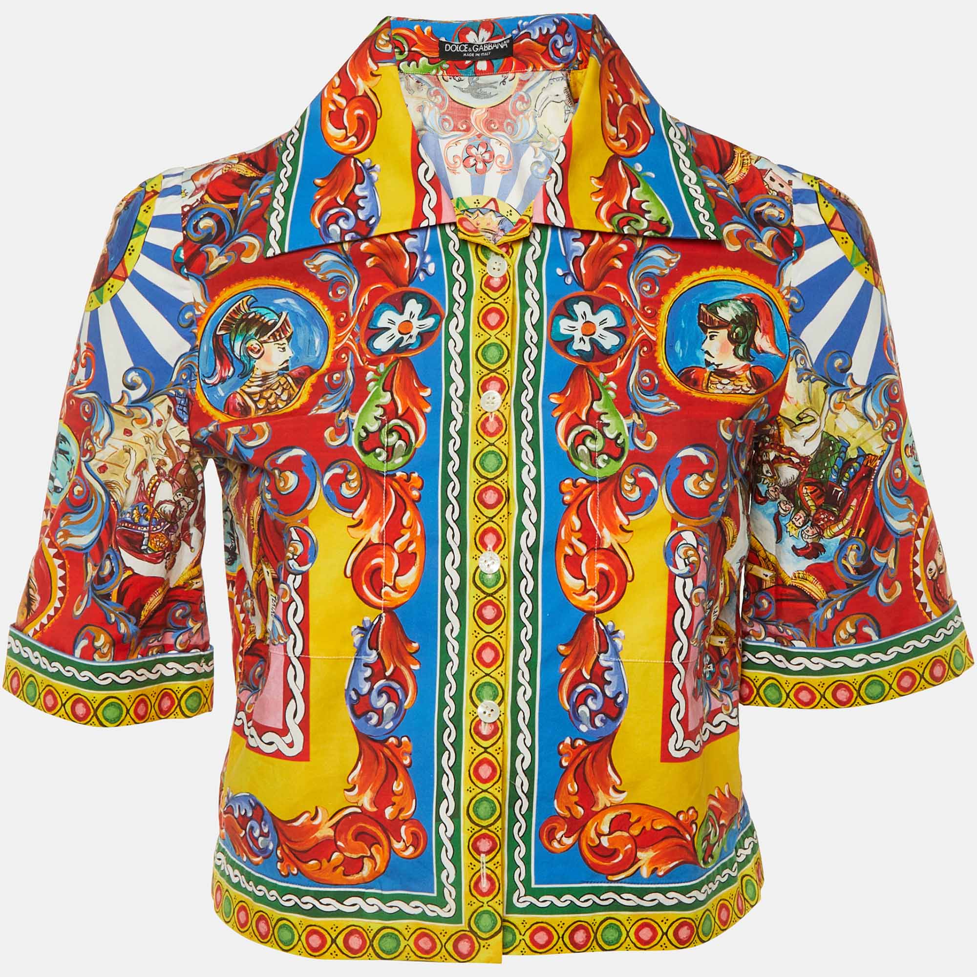 Dolce & Gabbana Multicolor Carretto Siciliano Print Cotton Cropped Shirt S