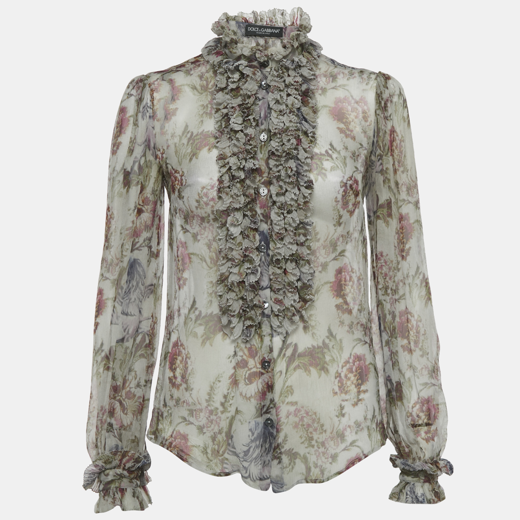 Dolce & Gabbana Grey Floral Print Silk Ruche Shirt XS