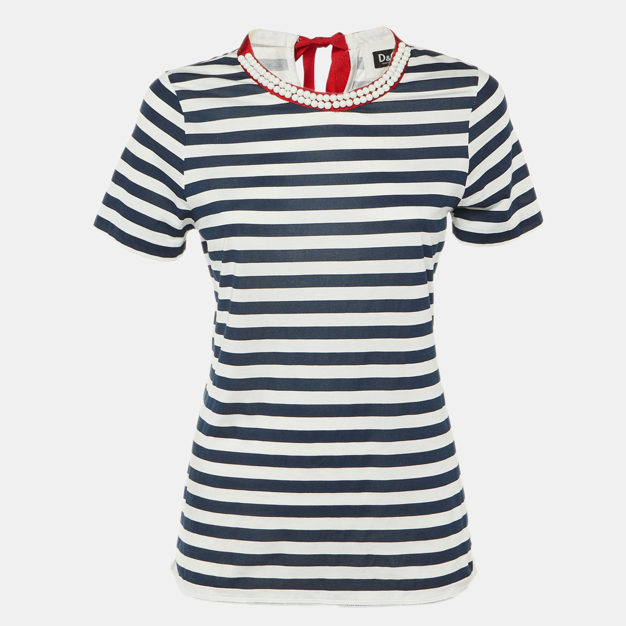 Pre-owned Dolce & Gabbana D & G Blue/white Stripe Cotton Beaded Top M