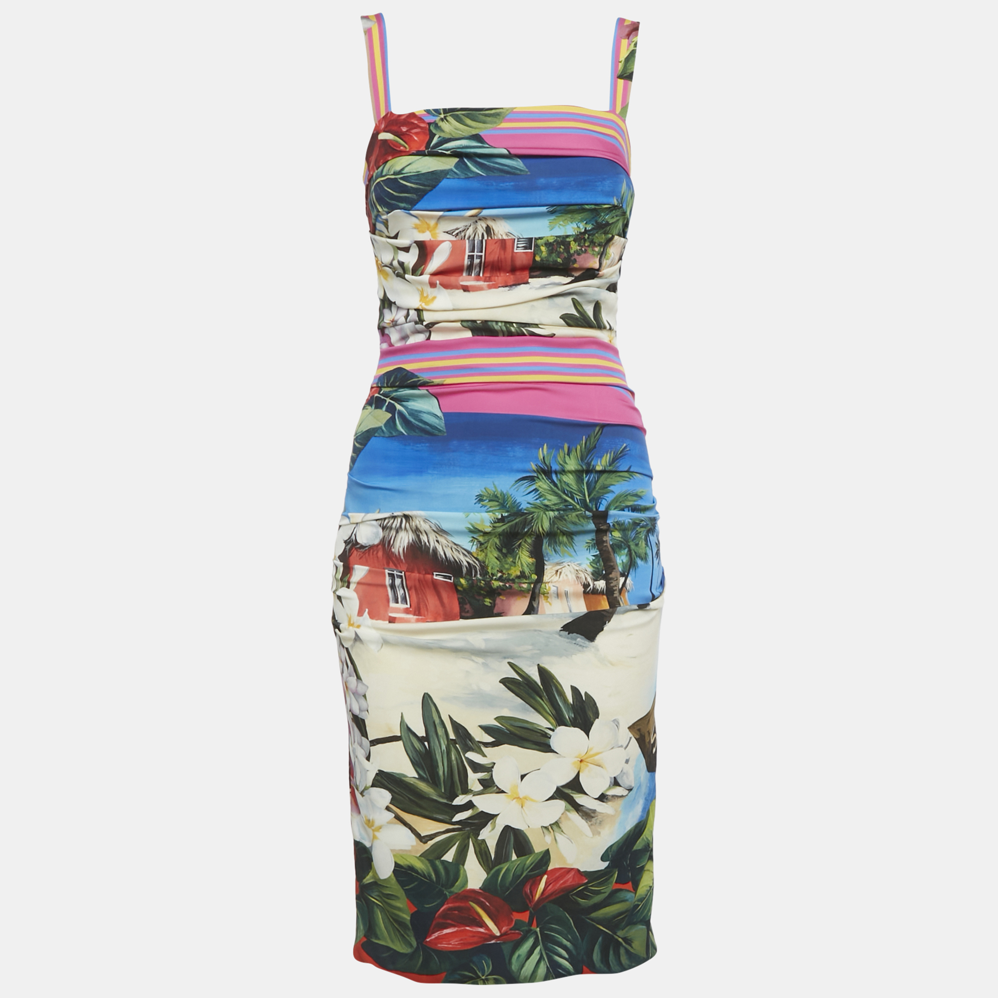 Dolce & Gabbana Multicolor Printed Silk Ruched Midi Dress S