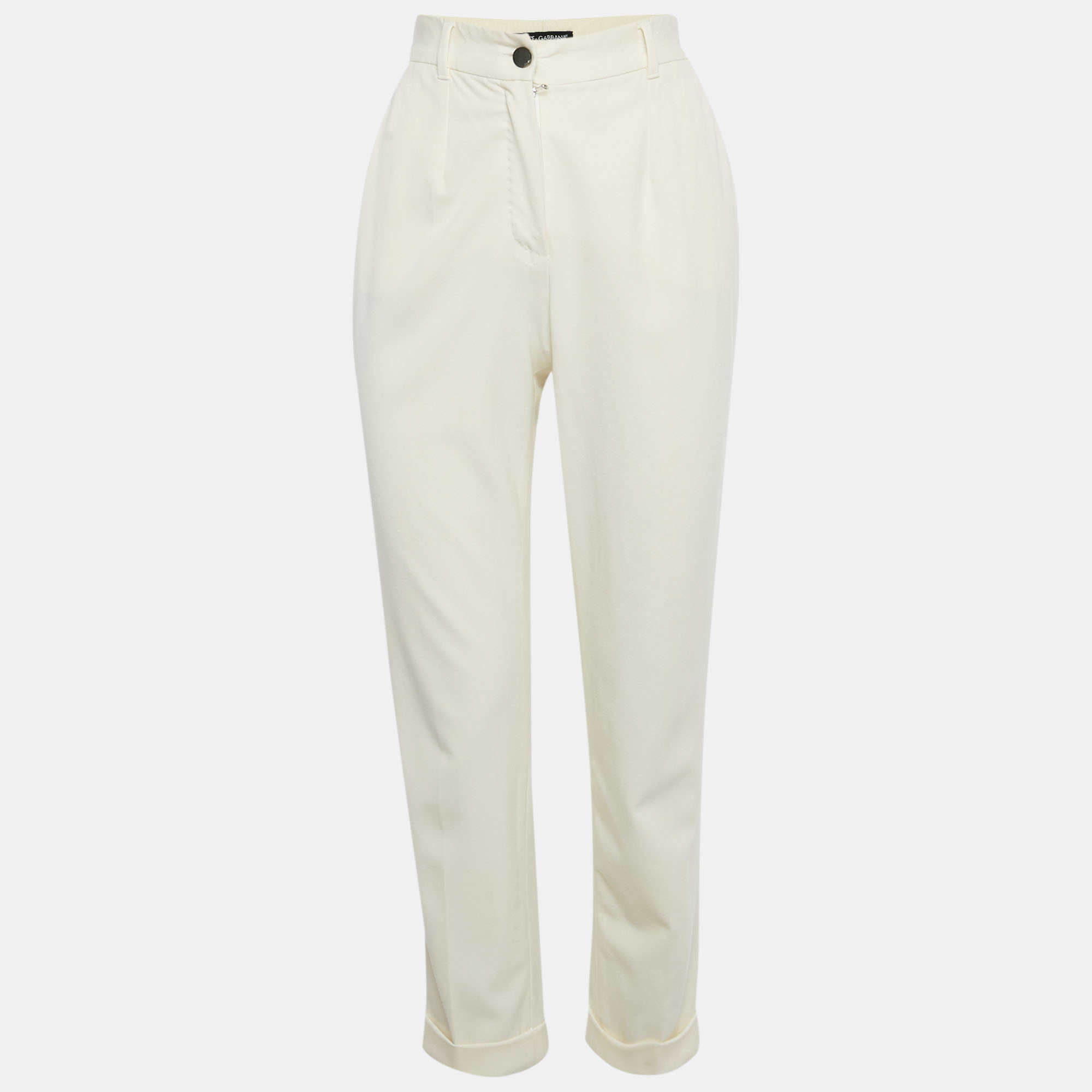Pre-owned Dolce & Gabbana Cream Crepe Trousers S In White