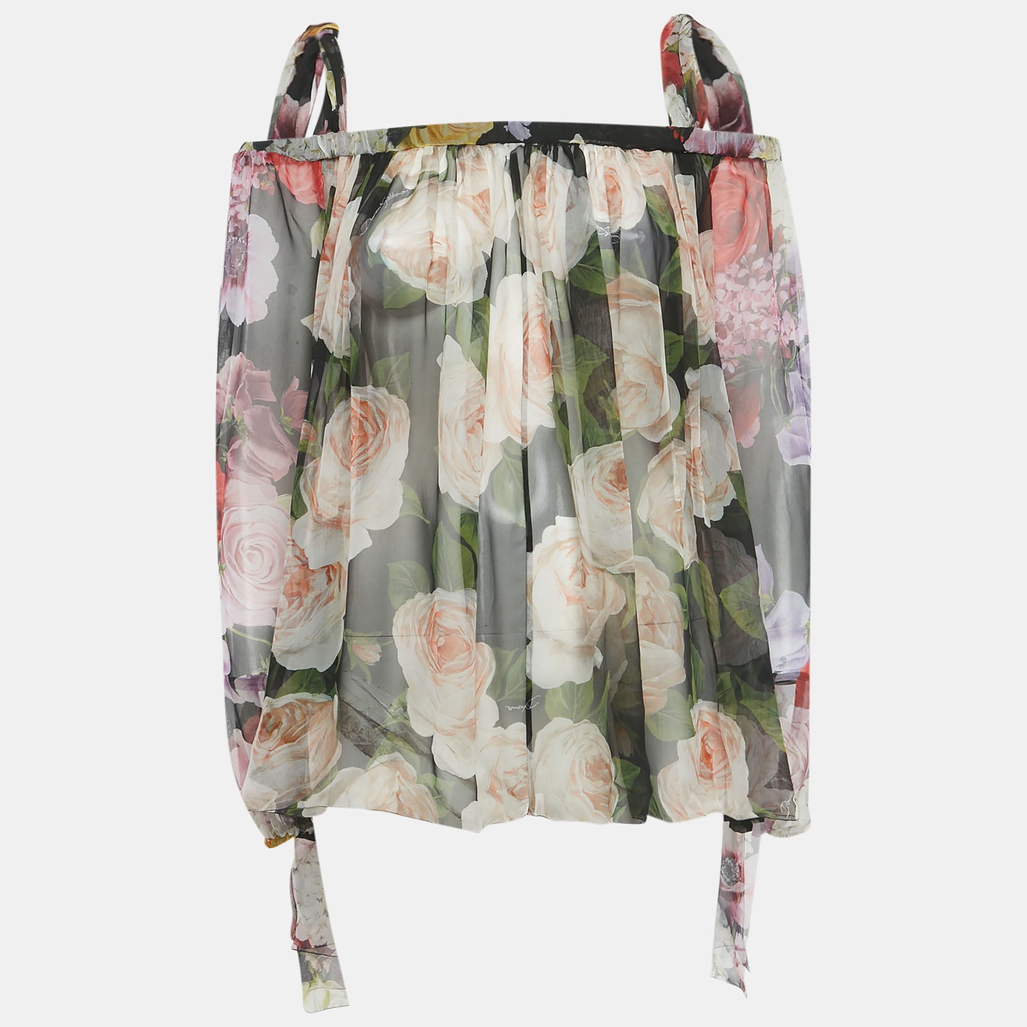 

Dolce & Gabbana Black Sheer Floral Print Silk Tie Up Blouse S