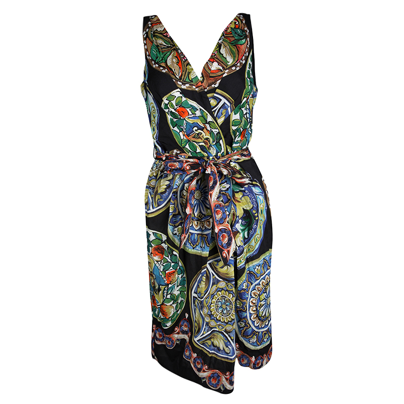 Pre Owned Dolce and Gabbana Black Printed Belted Sleeveless Dress L
