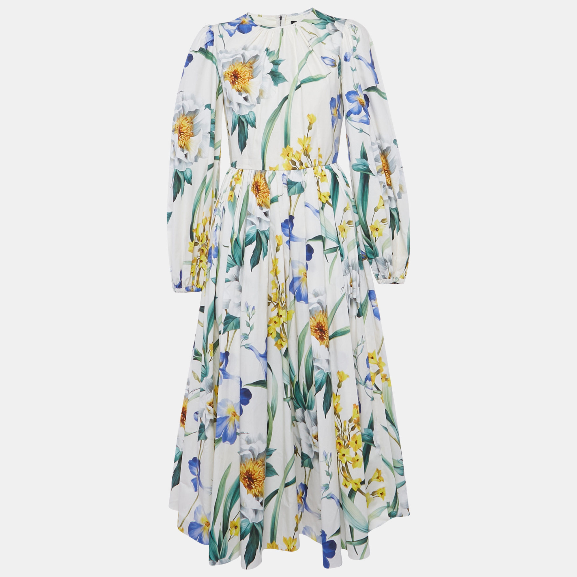 Pre-owned Dolce & Gabbana White Floral Print Cotton Midi Dress M