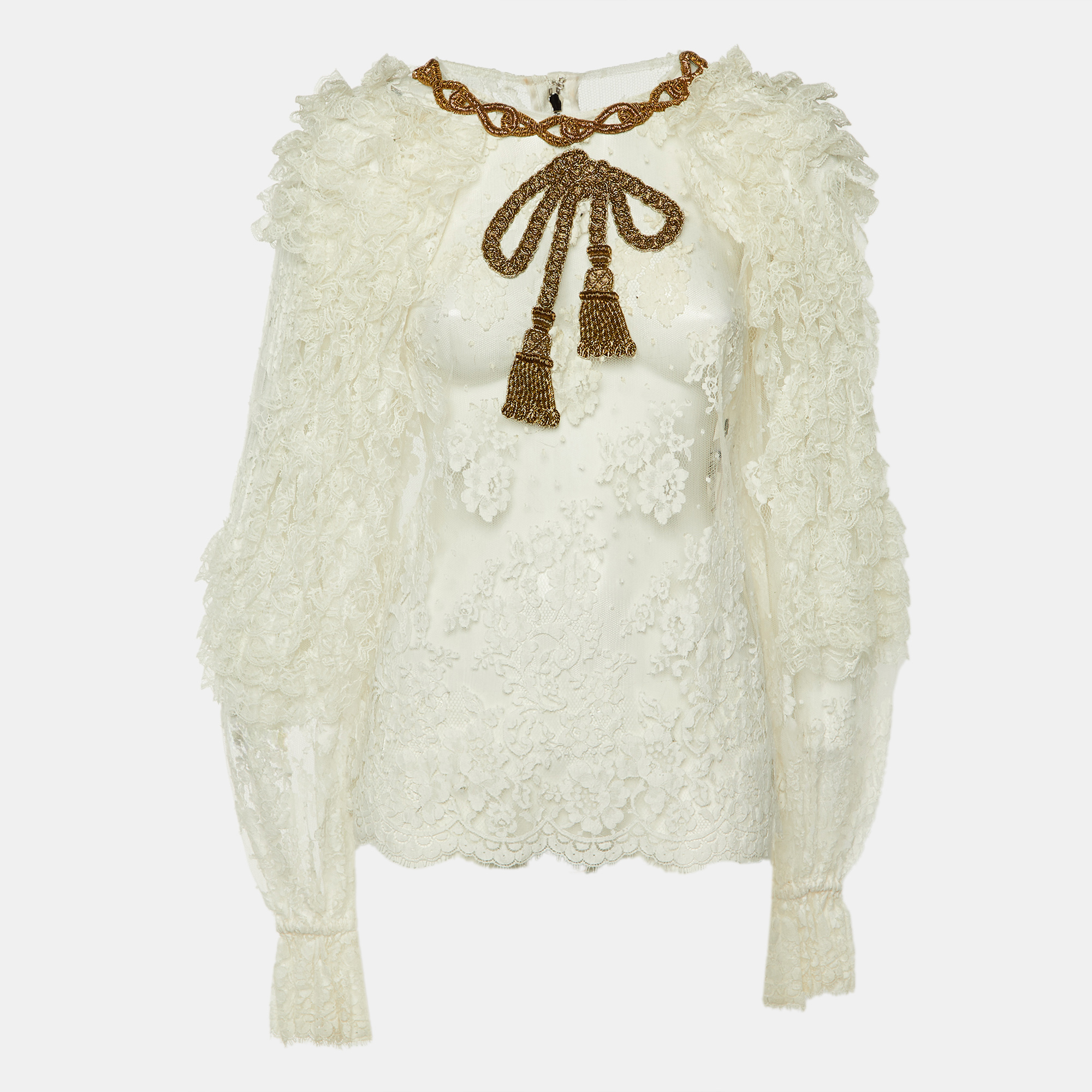 Pre-owned Dolce & Gabbana White Lace Rope Embellished Sheer Top L