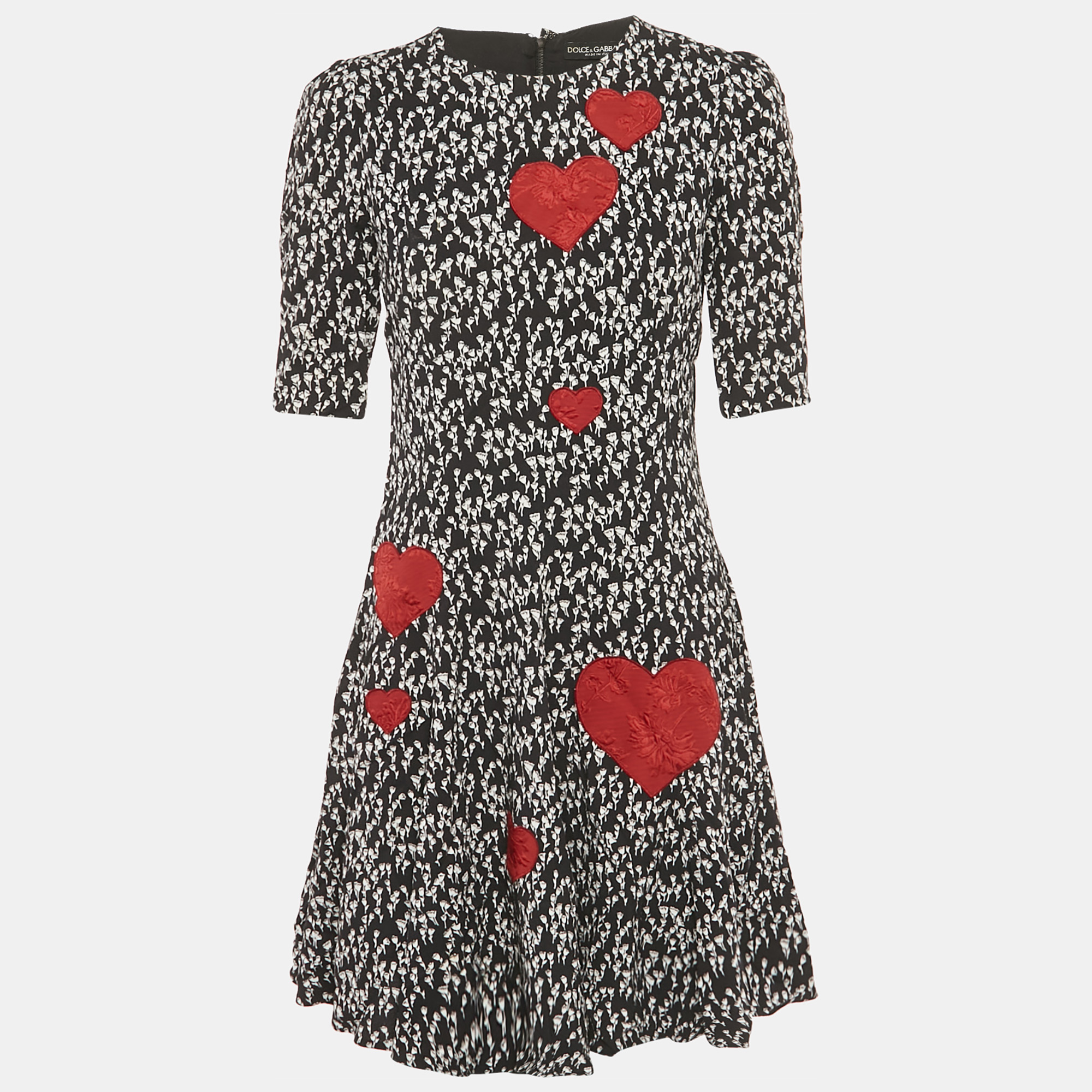 Dolce & Gabbana Black Printed Heart Applique Crepe Mini Dress M