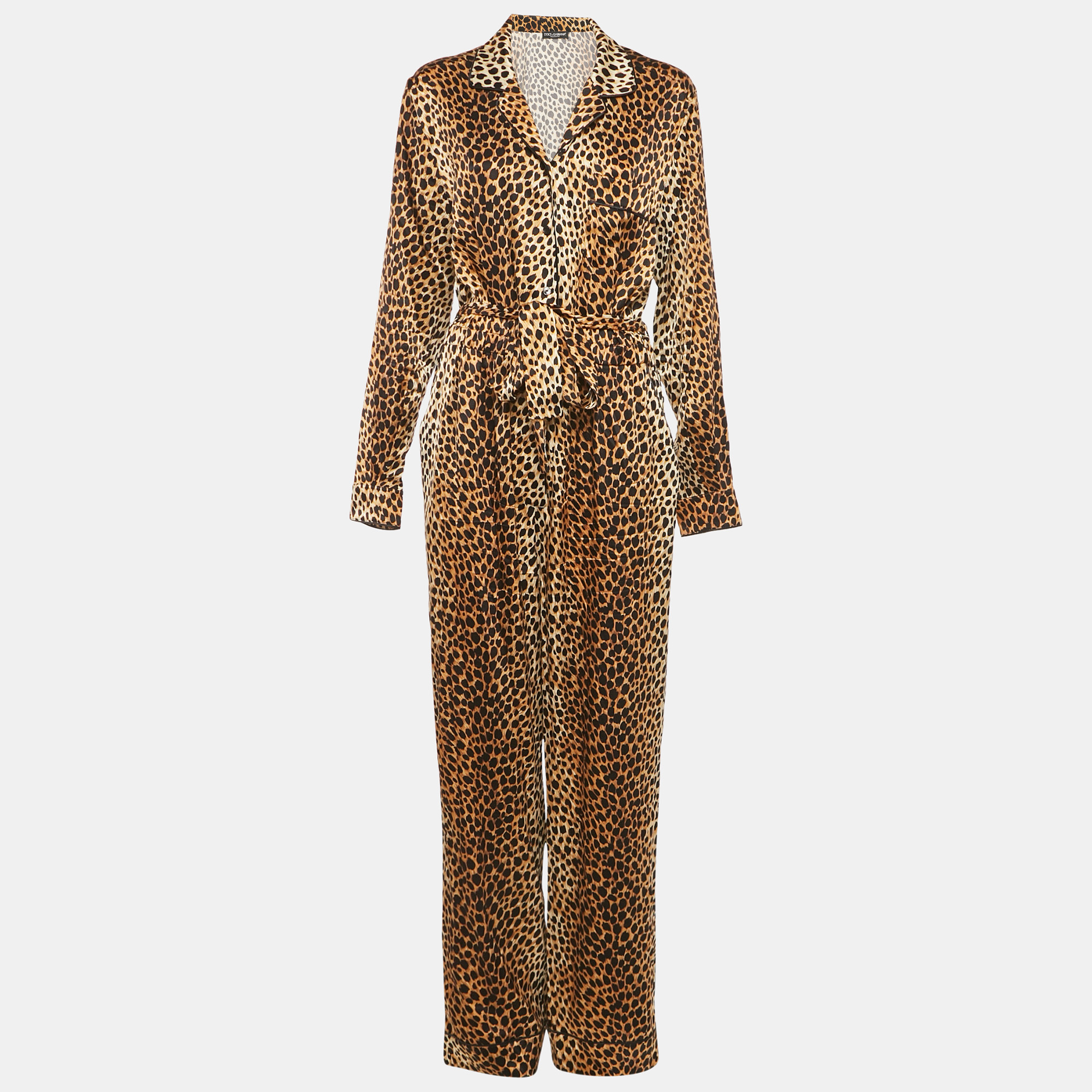 

Dolce & Gabbana Brown Leopard Print Silk Belted Jumpsuit L