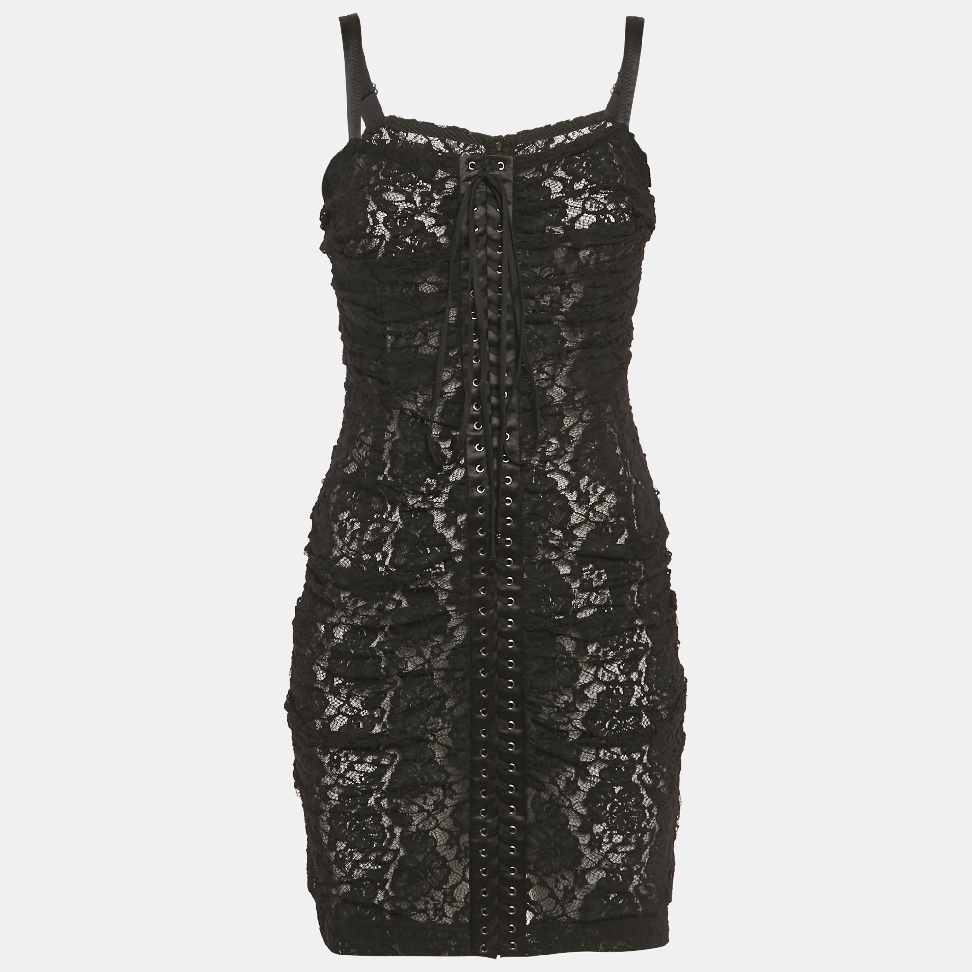 Pre-owned Dolce & Gabbana Black Lace Criss Cross Detail Sheer Mini Dress S