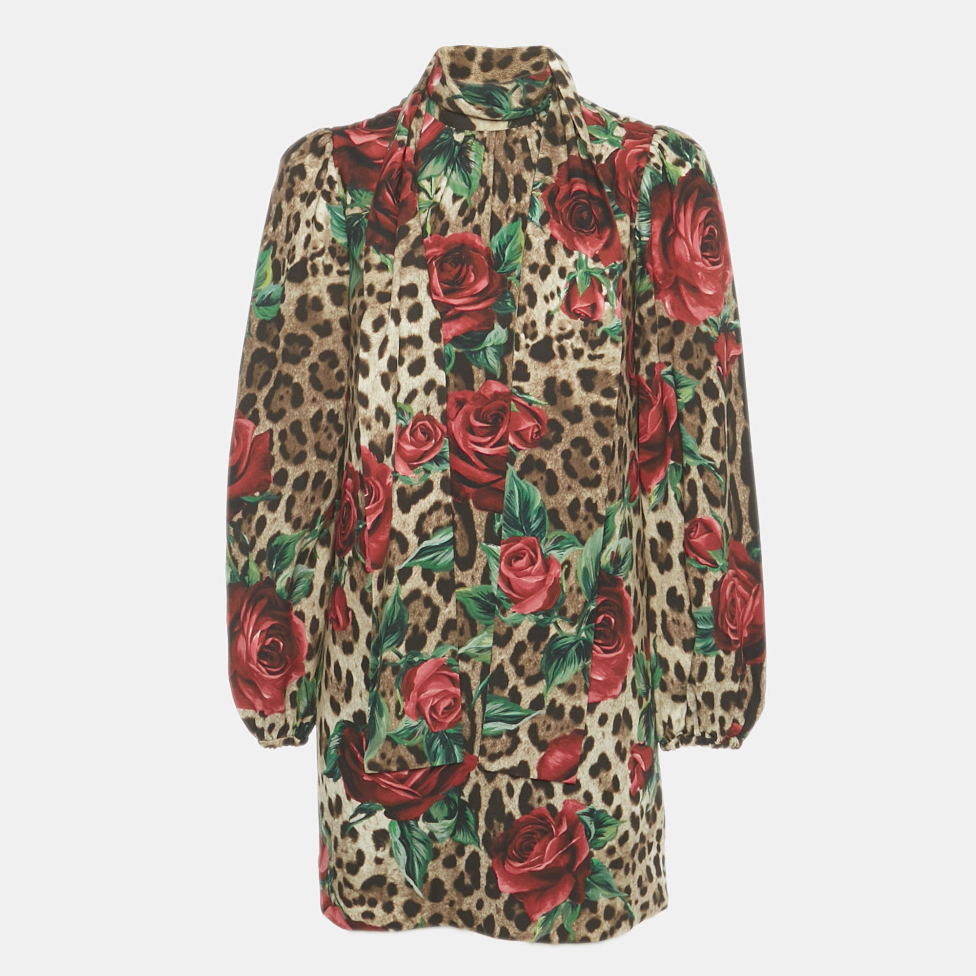 

Dolce & Gabbana Brown Leopard & Rose Print Silk Mini Dress XS