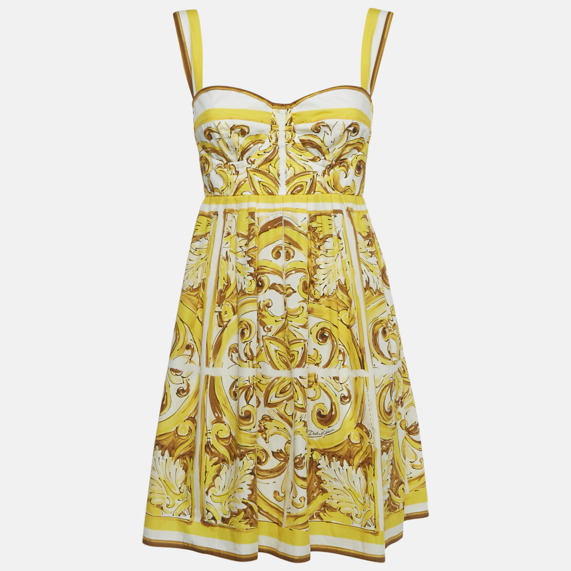Pre-owned Dolce & Gabbana Yellow Majolica Print Cotton Mini Corset Dress S