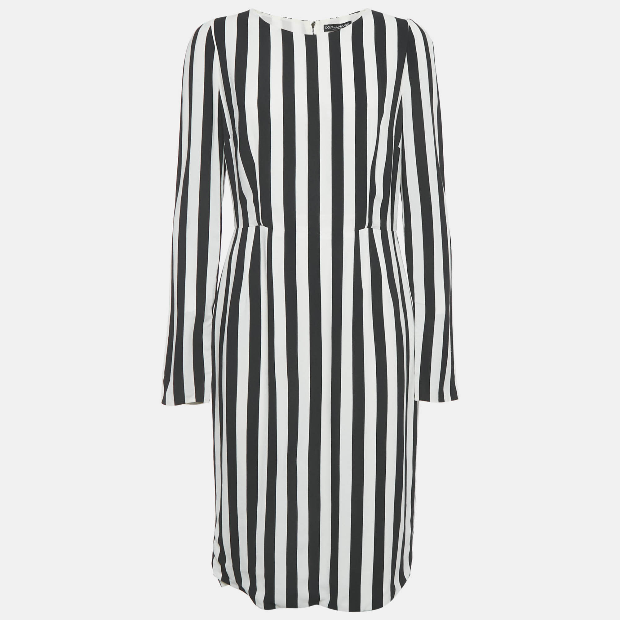 Pre-owned Dolce & Gabbana Black/white Stripe Crepe Midi Dress L