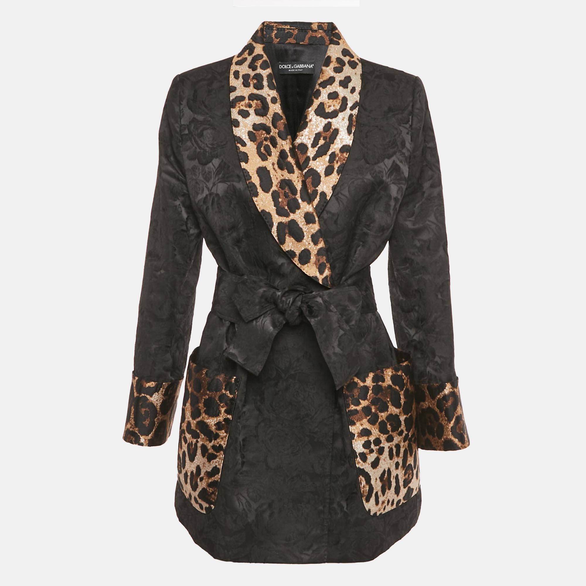 

Dolce & Gabbana Black & Leopard Print Trimmed Jacquard Belted Jacket M