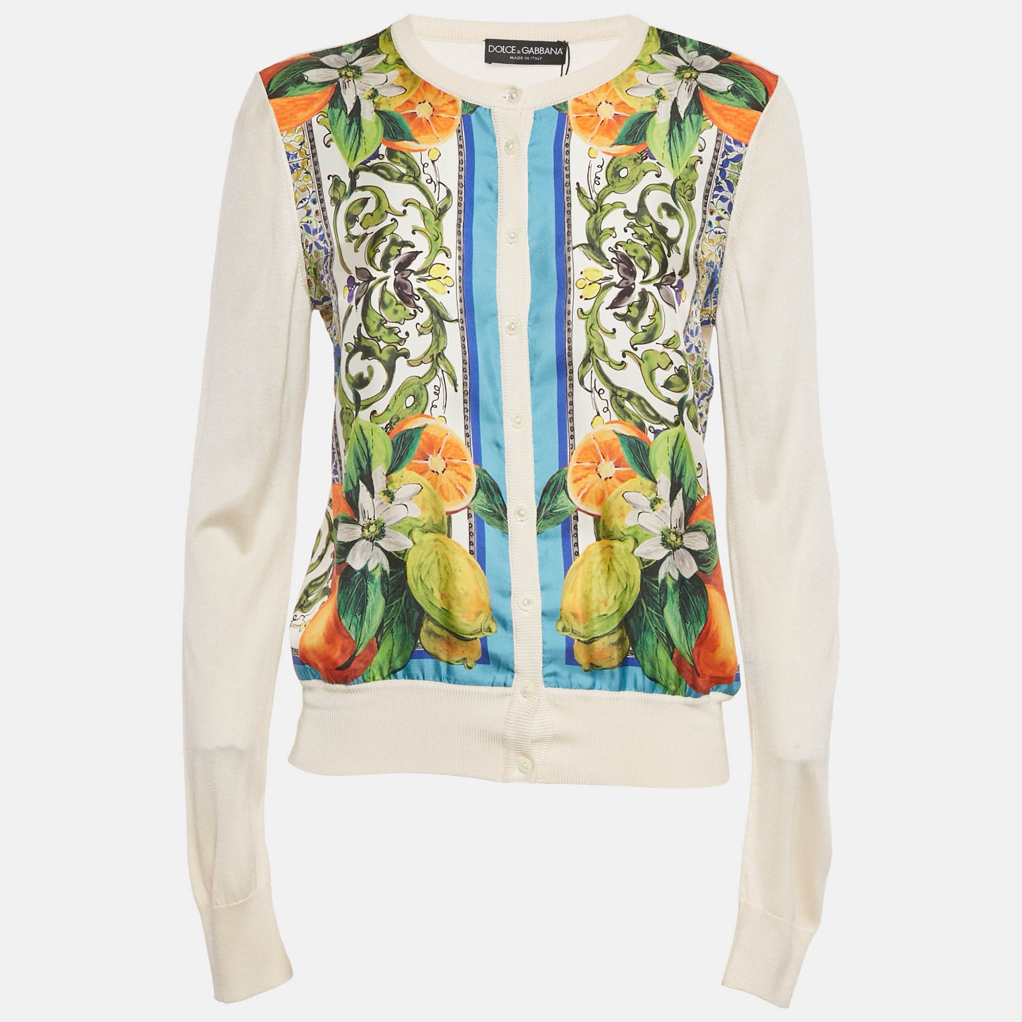 Pre-owned Dolce & Gabbana Cream Printed Silk & Knit Button Front Cardigan M In White