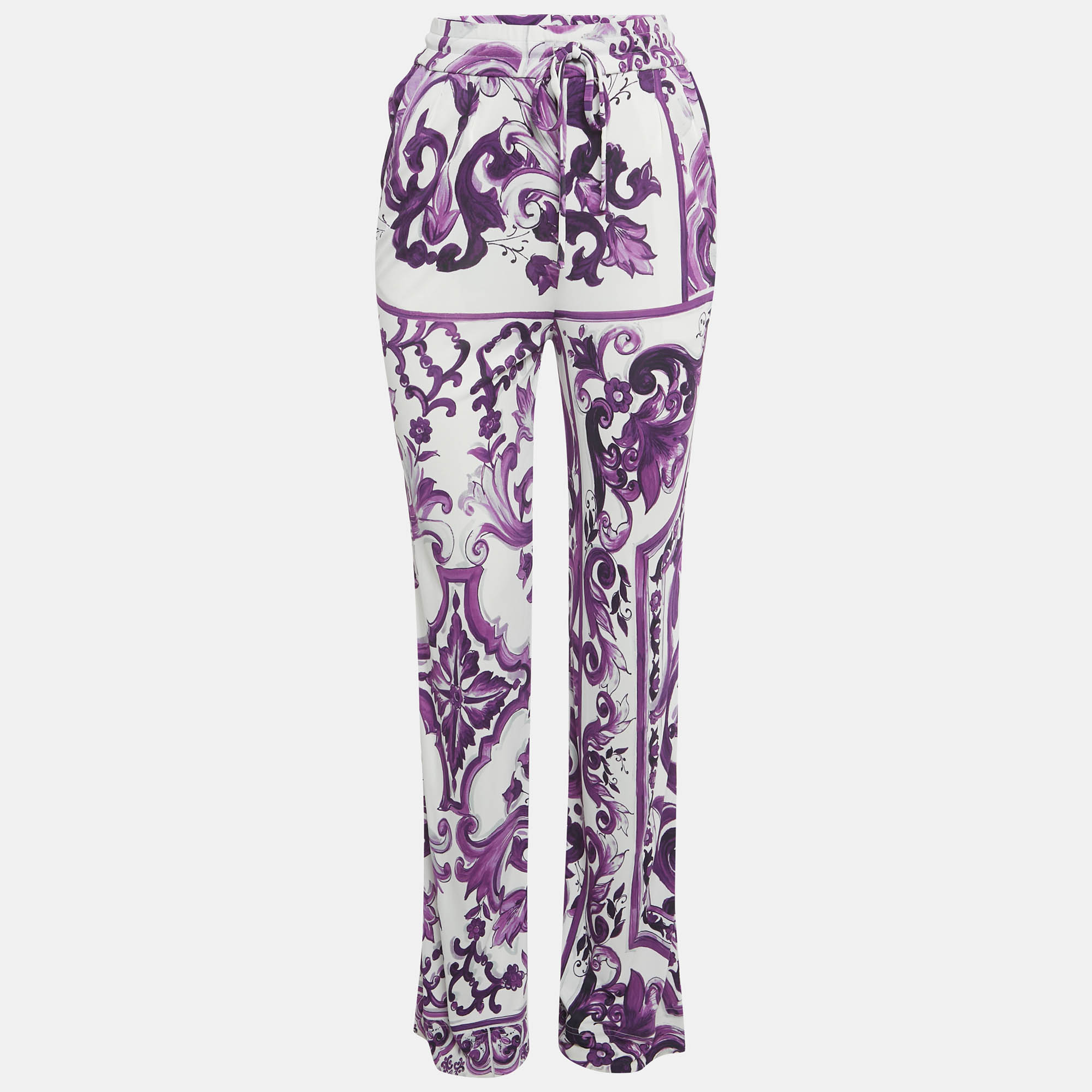 Pre-owned Dolce & Gabbana Purple Majolica Print Jersey Wide Leg Trousers Xs
