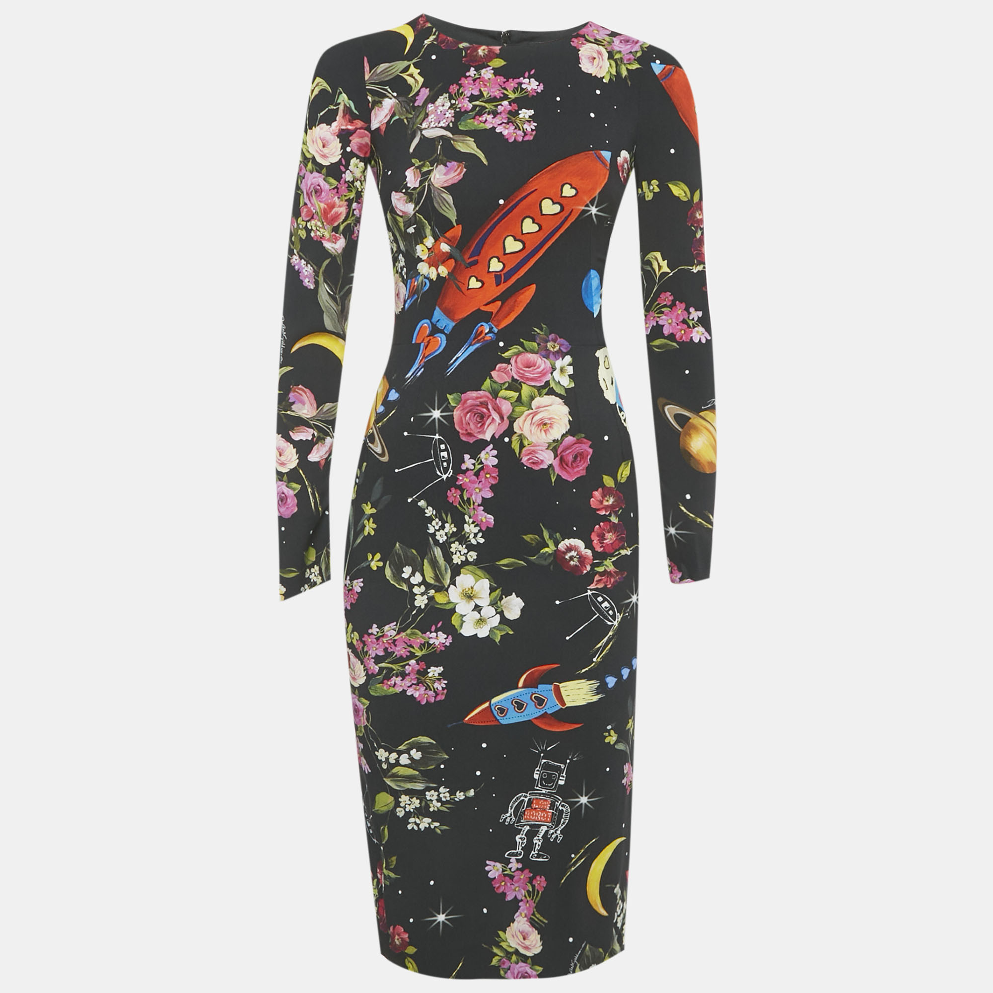 Pre-owned Dolce & Gabbana Black Printed Silk Midi Dress Xs