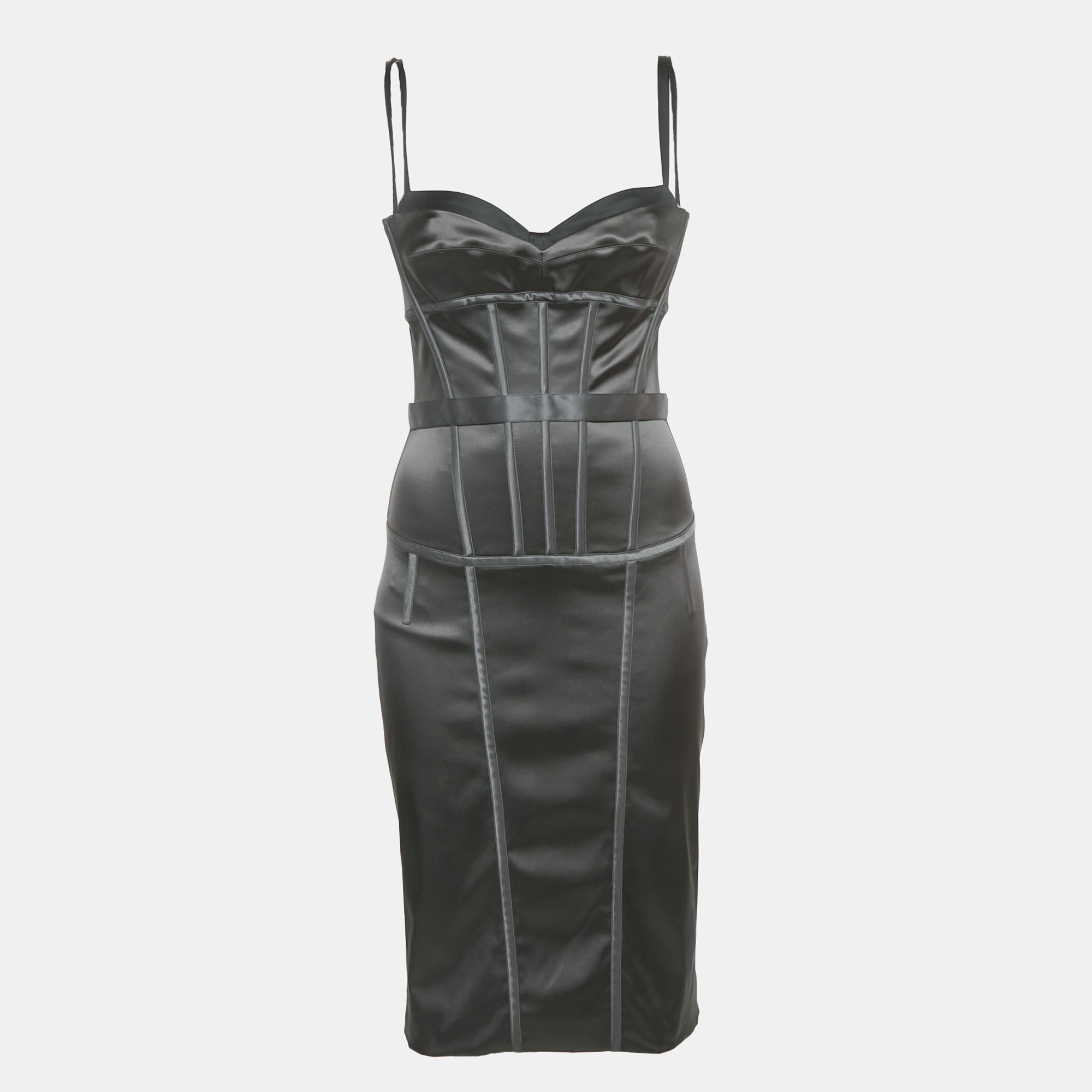 Pre-owned Dolce & Gabbana Black Satin Corset Midi Dress M