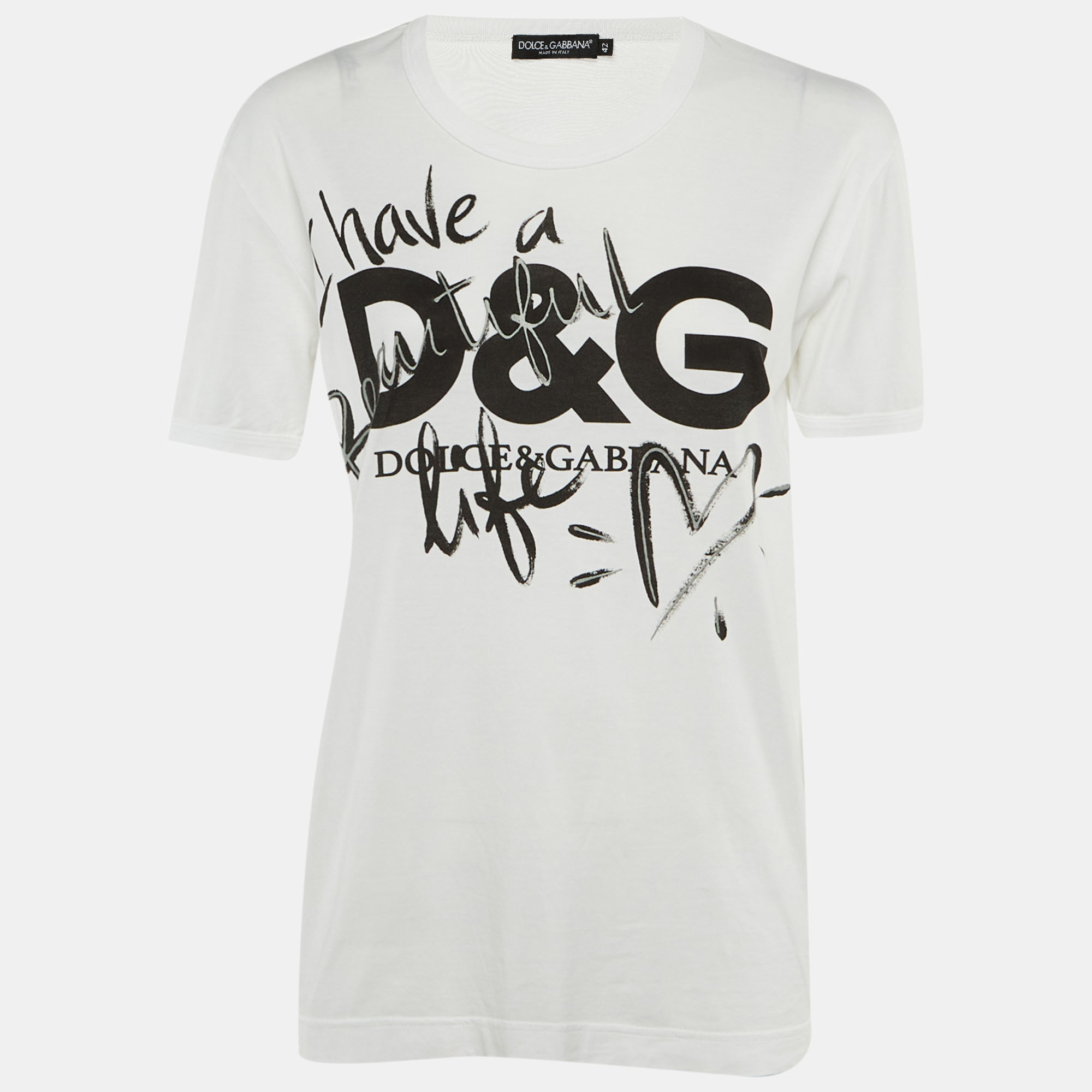 Pre-owned Dolce & Gabbana White I Have A Beautiful Life Cotton Crew Neck T-shirt M