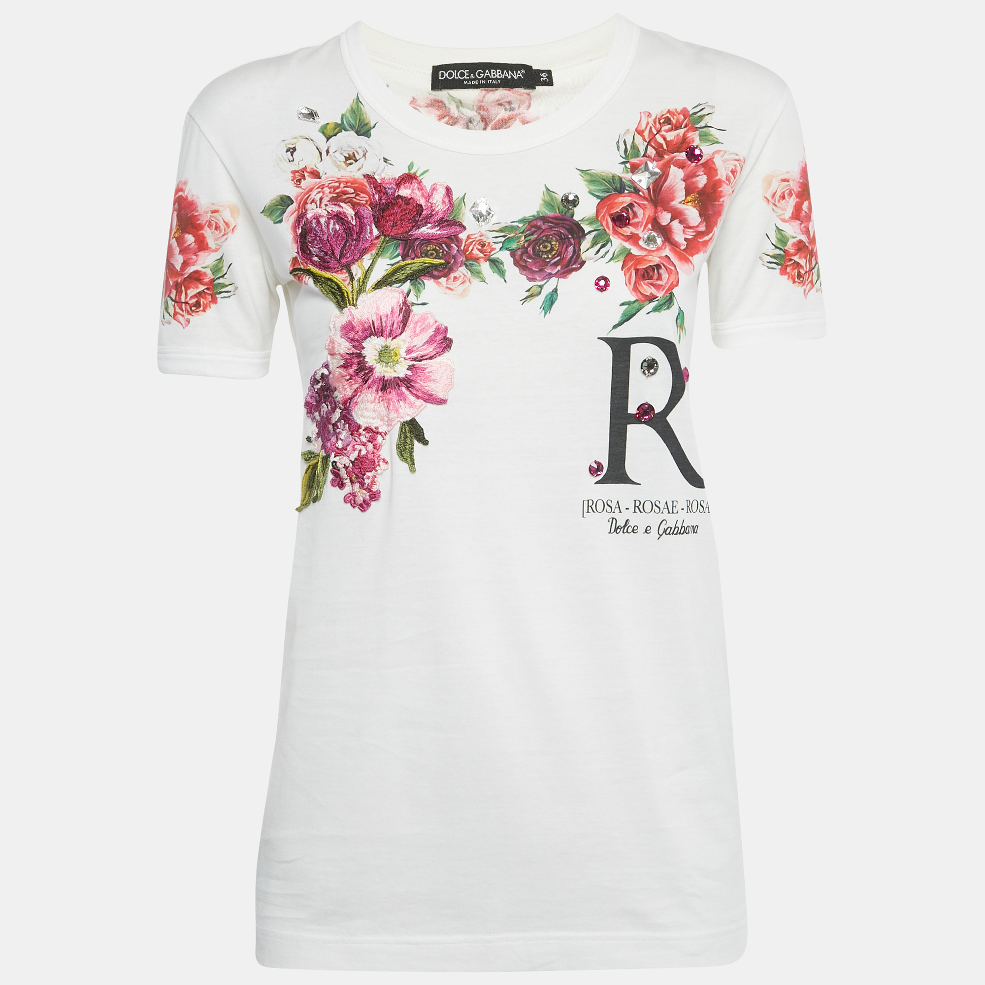 

Dolce & Gabbana White Embellished Printed Cotton T-Shirt XS