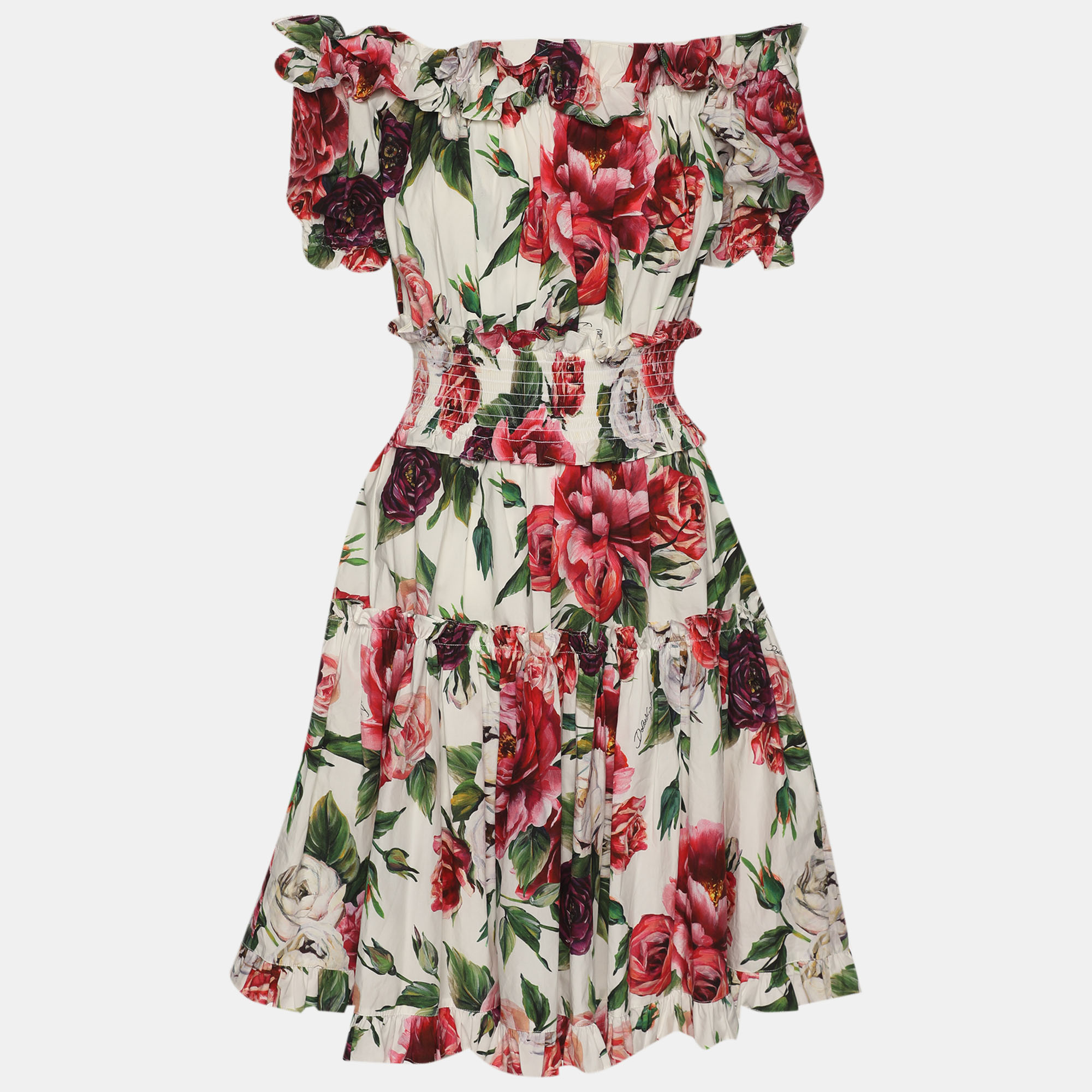 Pre-owned Dolce & Gabbana Multicolor Floral Print Cotton Ruffled Midi Dress Xs